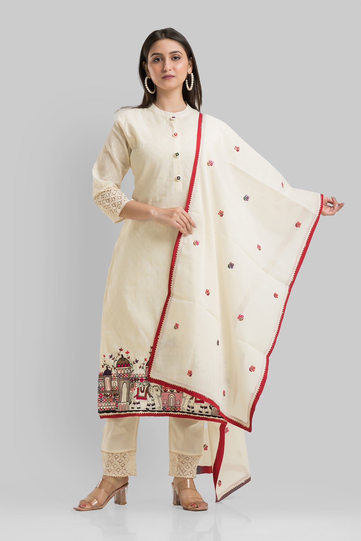 Designer Kora jacquard Kurta-Pant-Dupatta Set