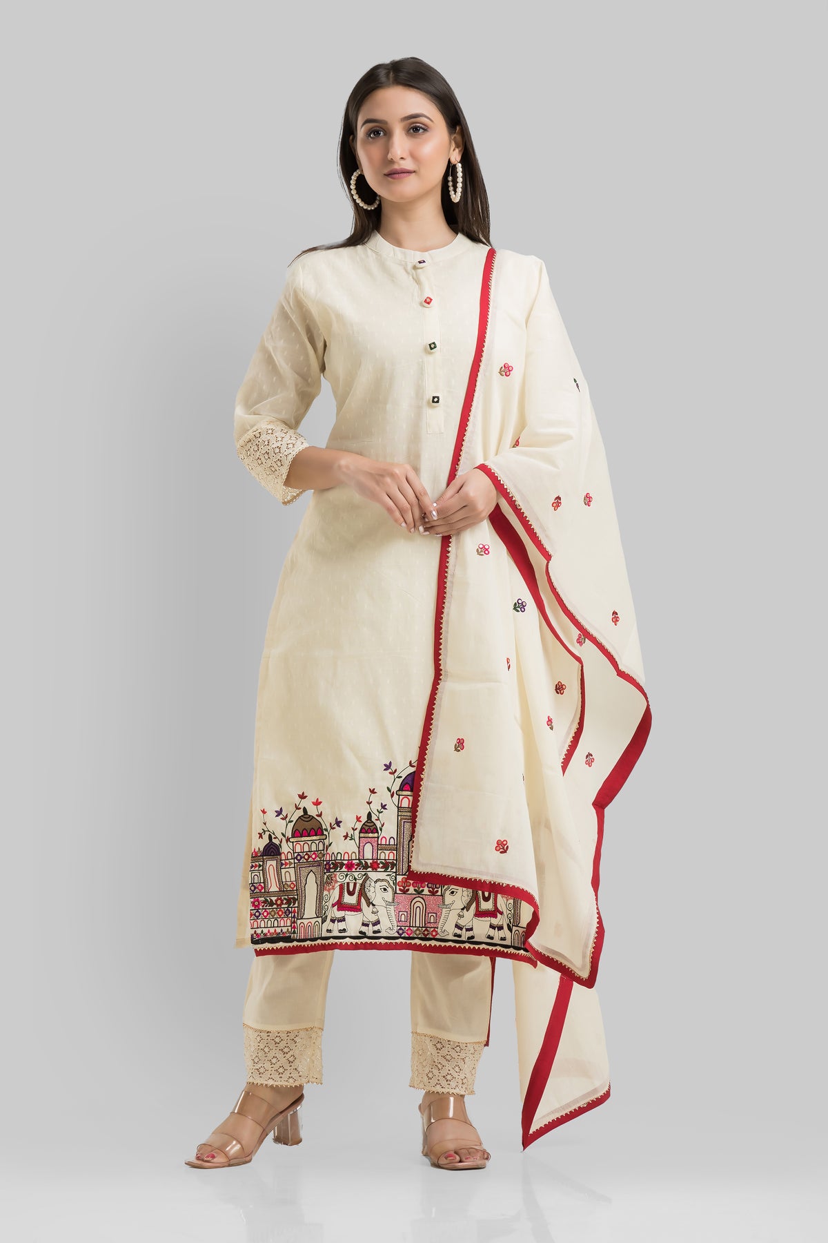 Designer Kora jacquard Kurta-Pant-Dupatta Set