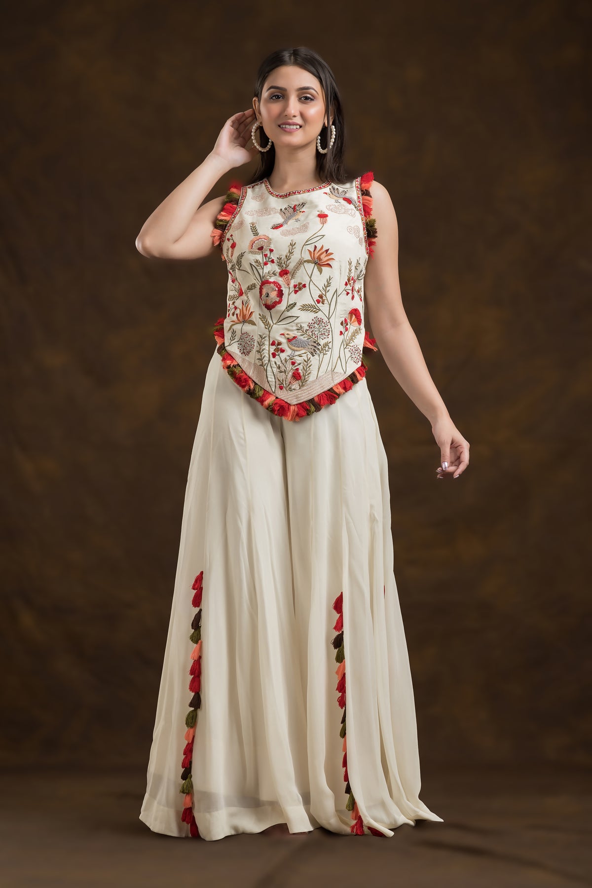 Sacred Suta Hand Embroidered Indo Western Set; Top and Sharara Pant