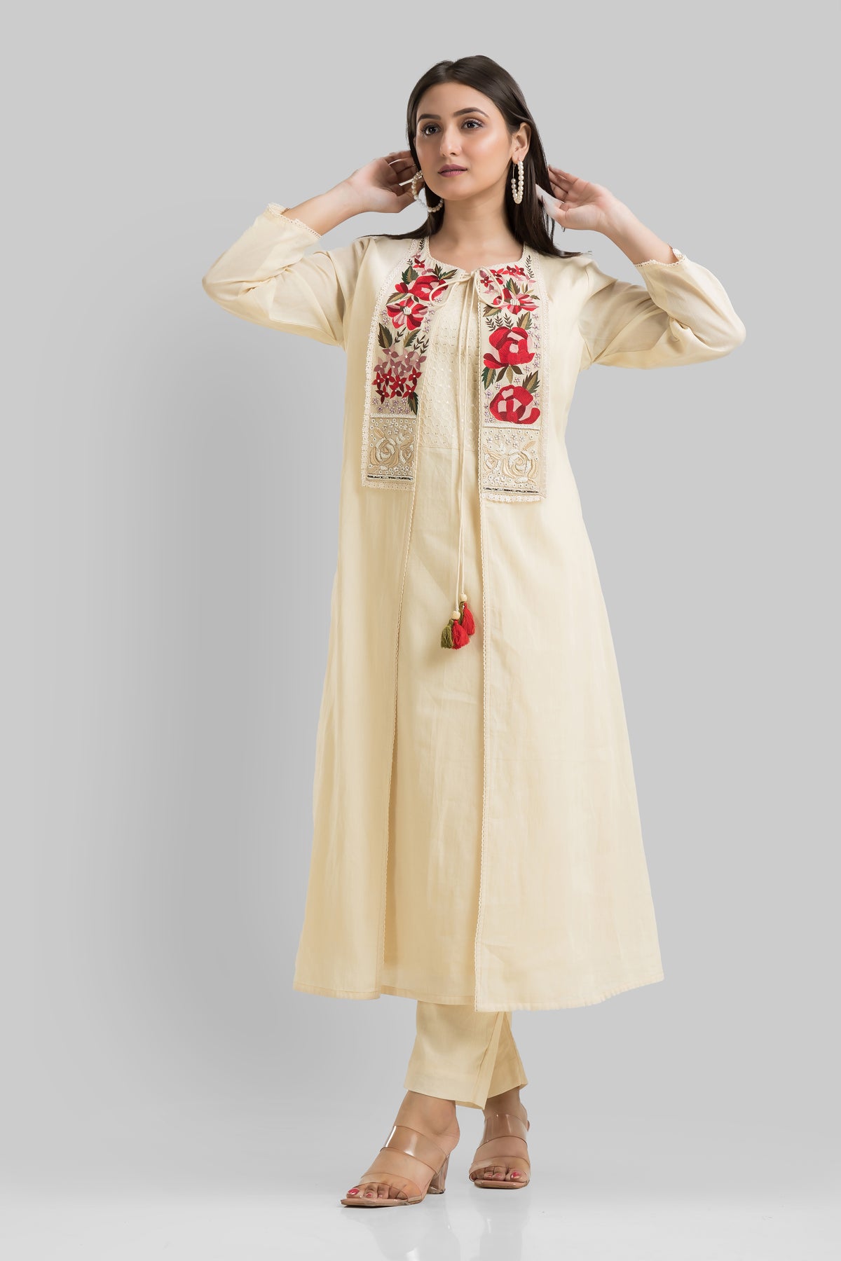 Designer Mulmul Kurta Pant Set with Jacket