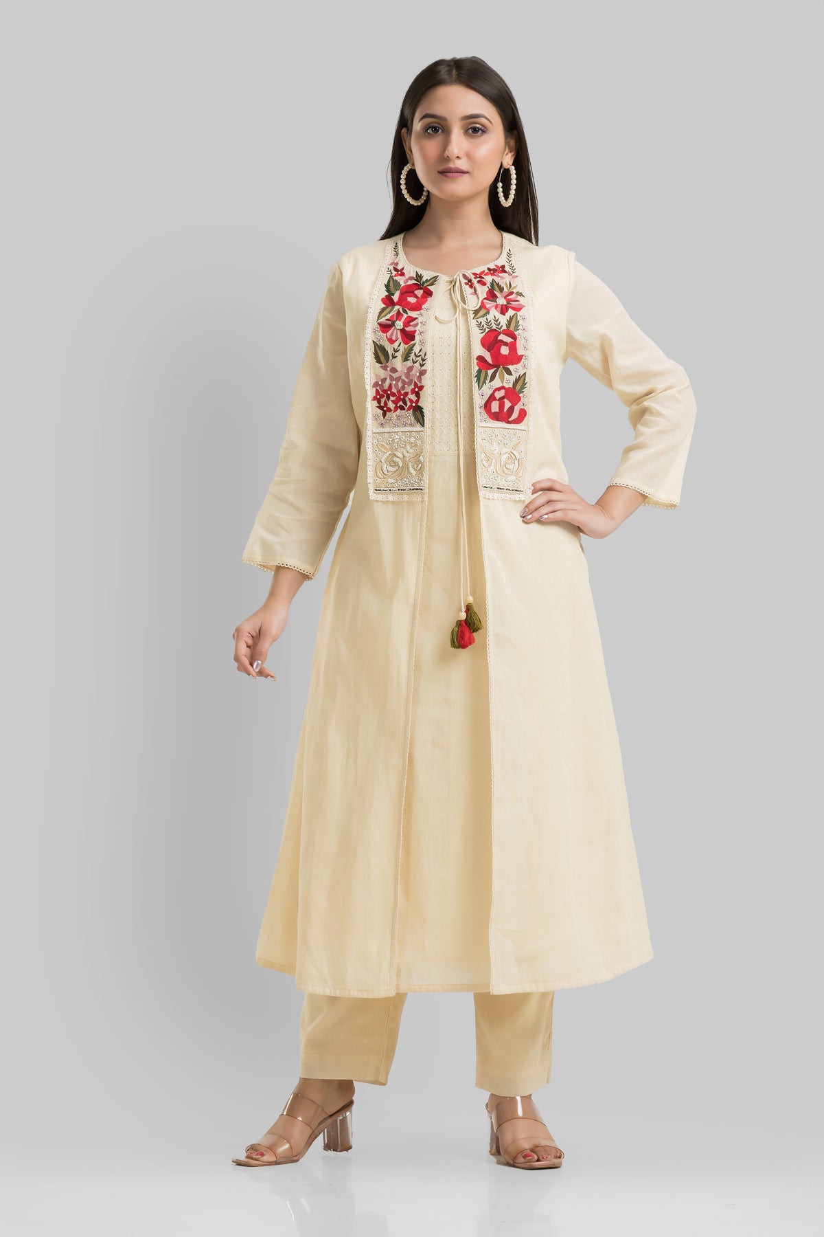 Designer Mulmul Kurta Pant Set with Jacket