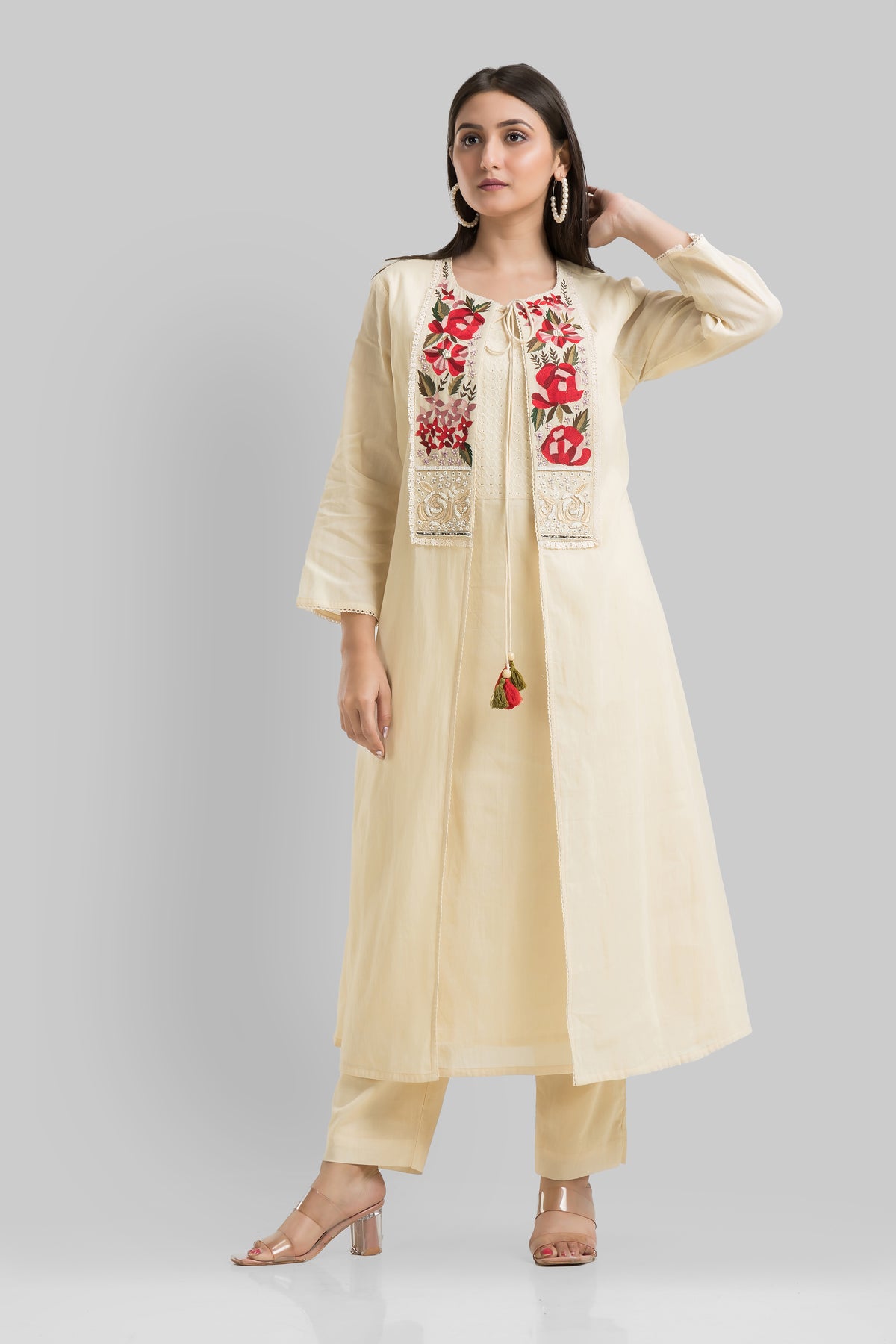 Designer Mulmul Kurta Pant Set with Jacket