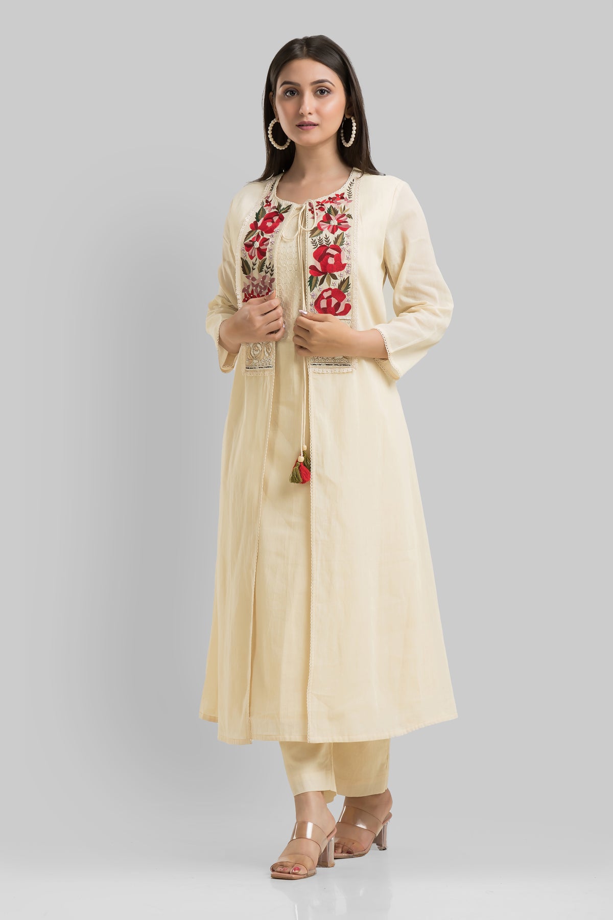 Designer Mulmul Kurta Pant Set with Jacket