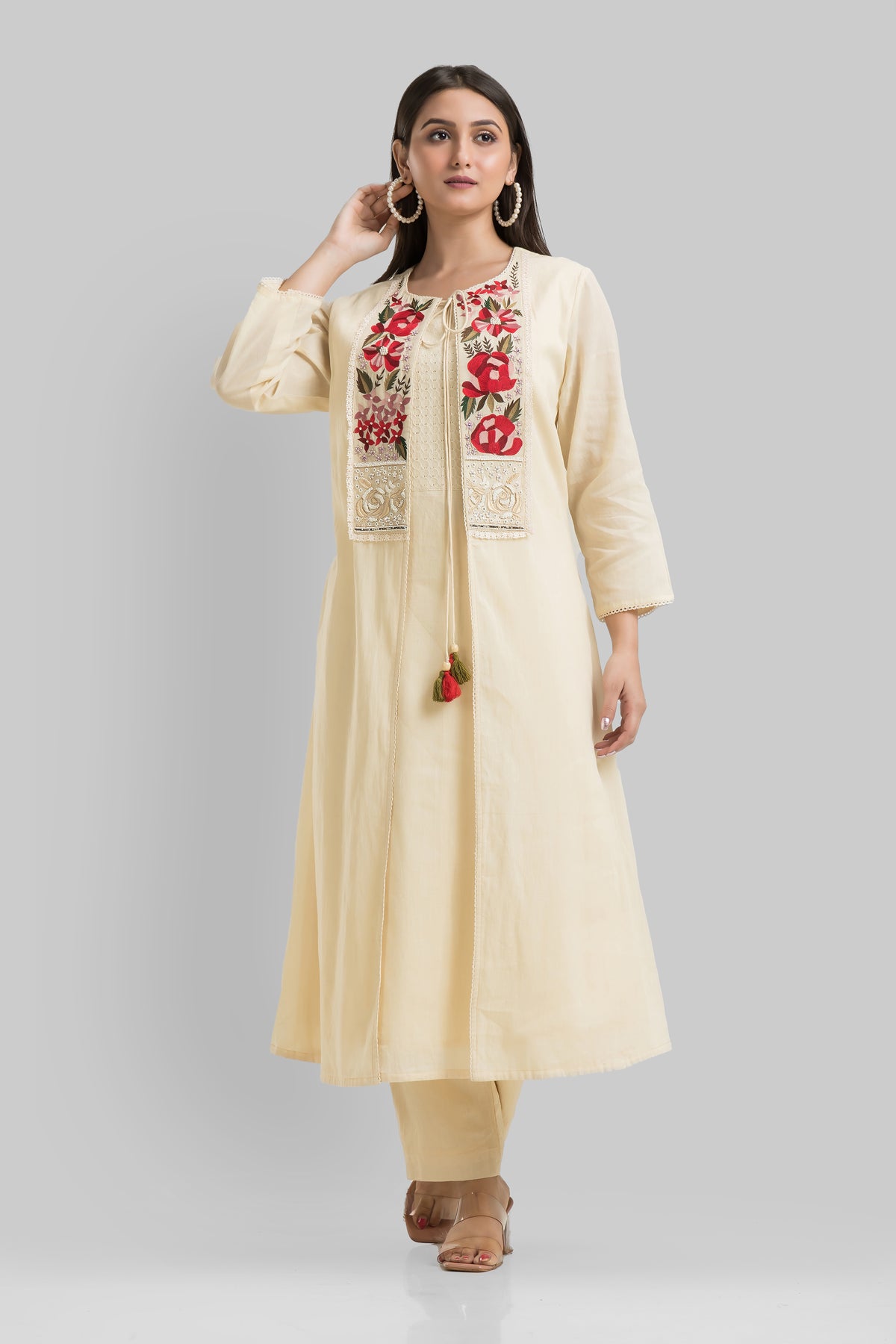 Designer Mulmul Kurta Pant Set with Jacket