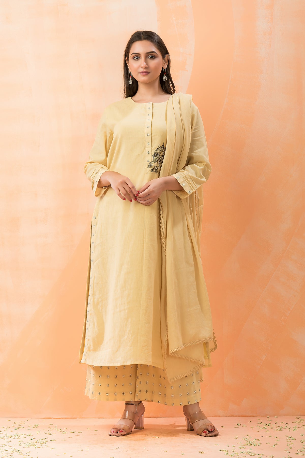 Hand Painted Kurti with jacquard Pant and Dupatta