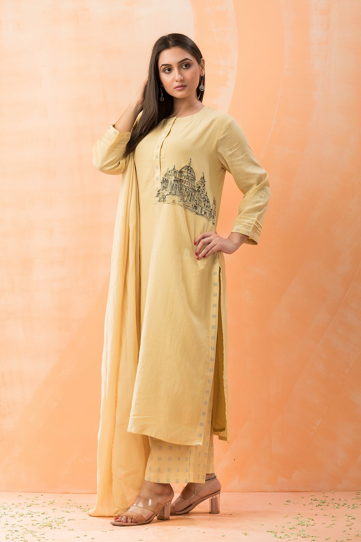 Hand Painted Kurti with jacquard Pant and Dupatta