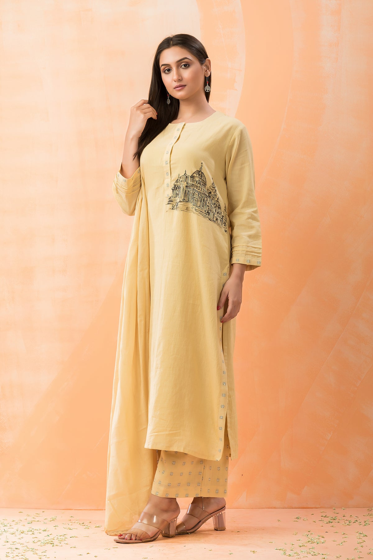 Hand Painted Kurti with jacquard Pant and Dupatta