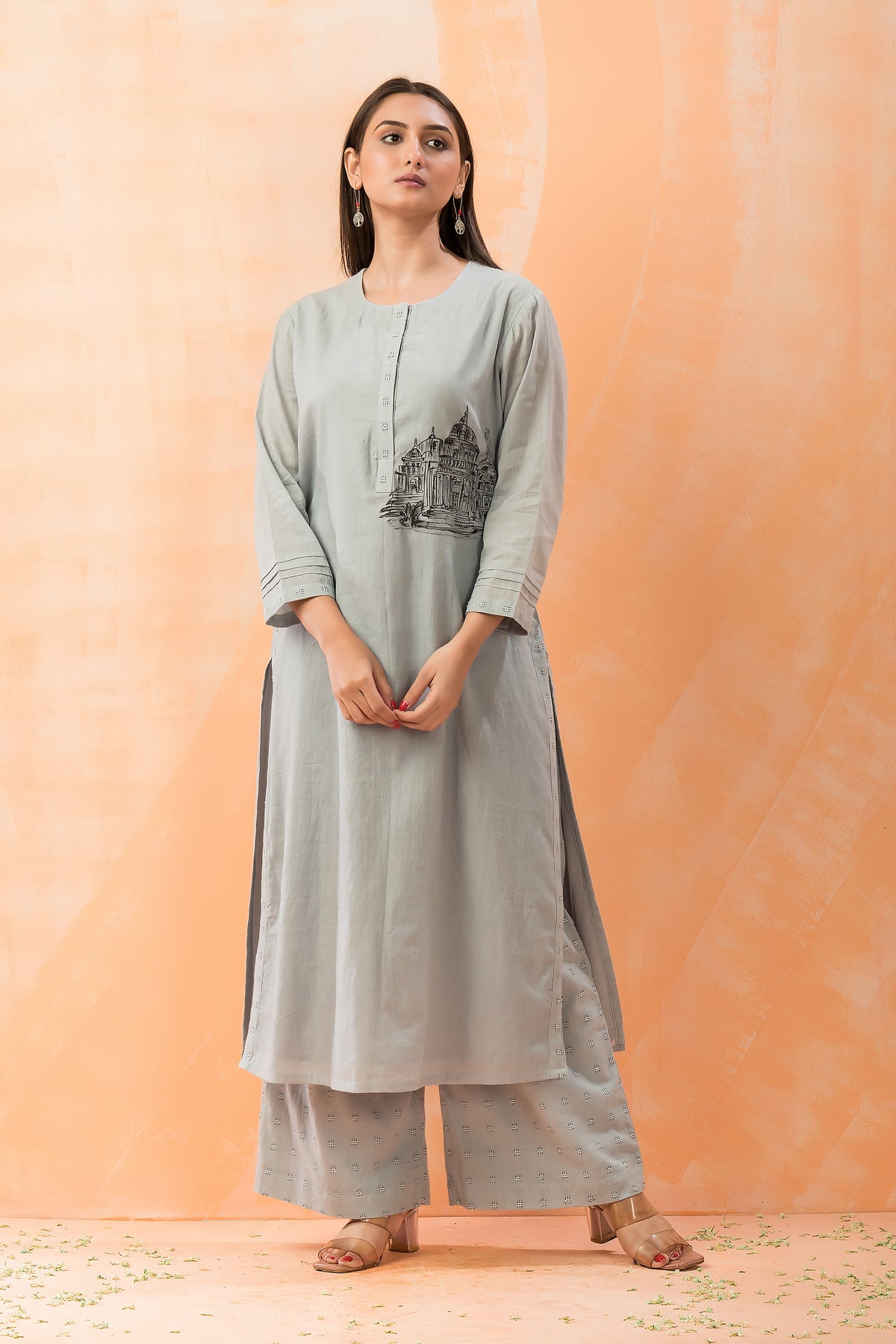 Hand Painted Kurti with jacquard Pant and Dupatta