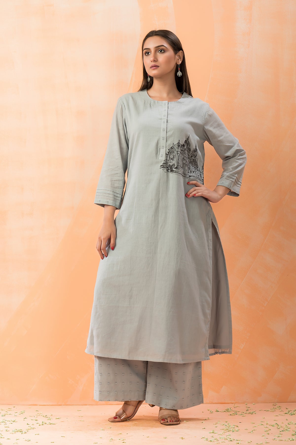 Hand Painted Kurti with jacquard Pant and Dupatta