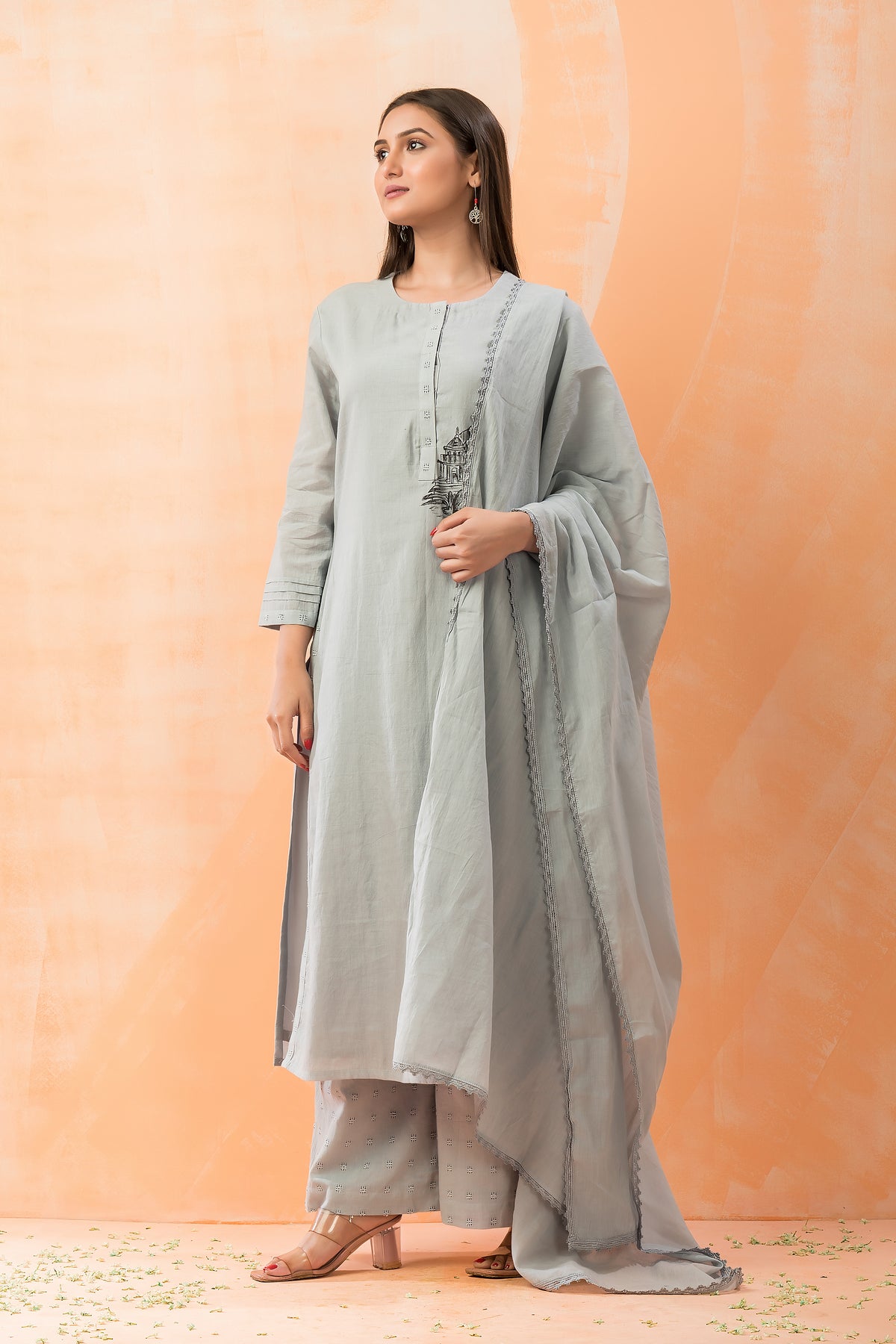 Hand Painted Kurti with jacquard Pant and Dupatta