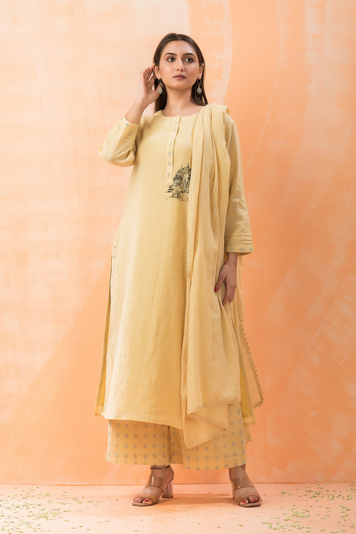 Hand Painted Kurti with jacquard Pant and Dupatta