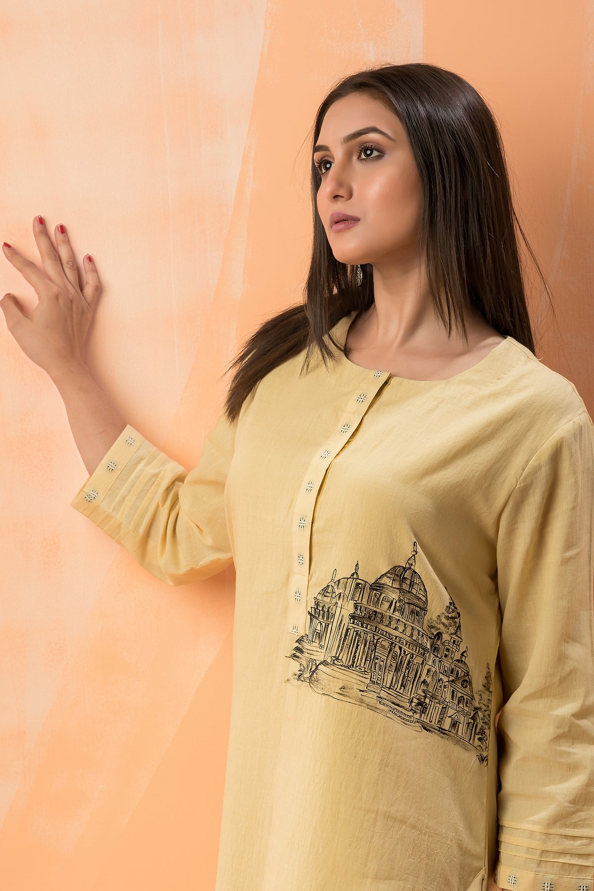 Hand Painted Kurti with jacquard Pant and Dupatta