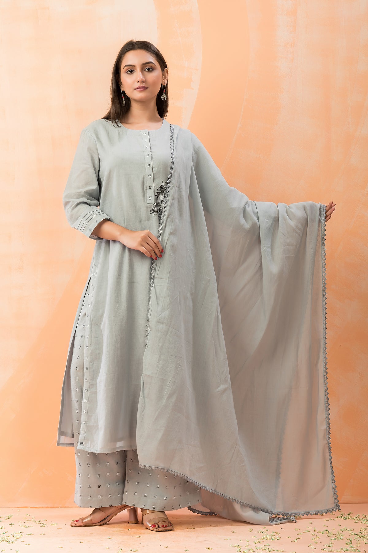 Hand Painted Kurti with jacquard Pant and Dupatta