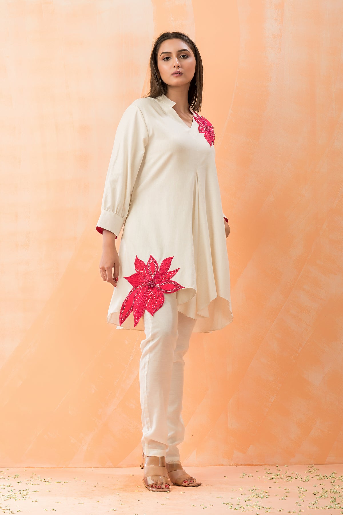 Cotton Kurti-Pant Set with Flower Buta