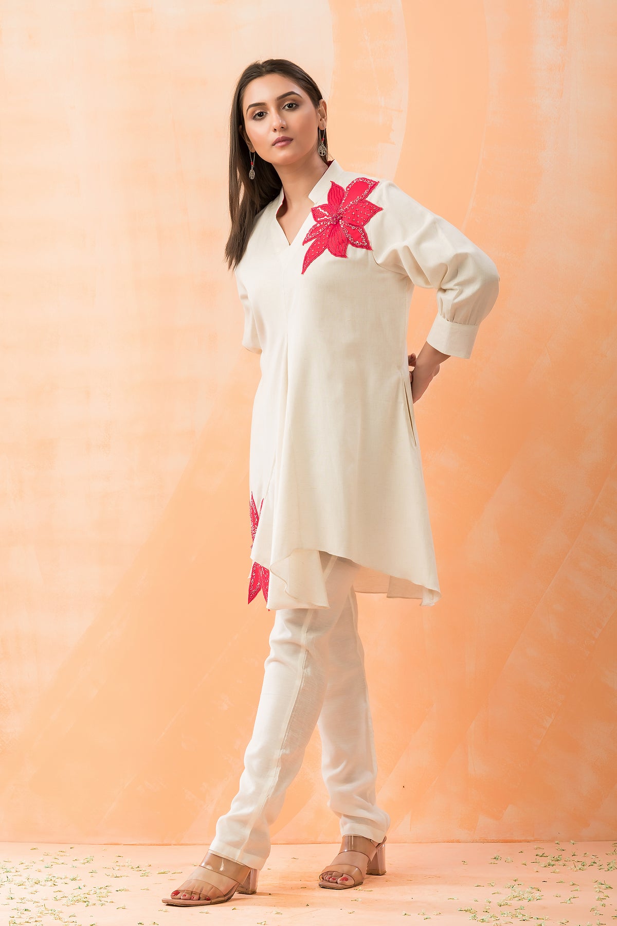 Cotton Kurti-Pant Set with Flower Buta