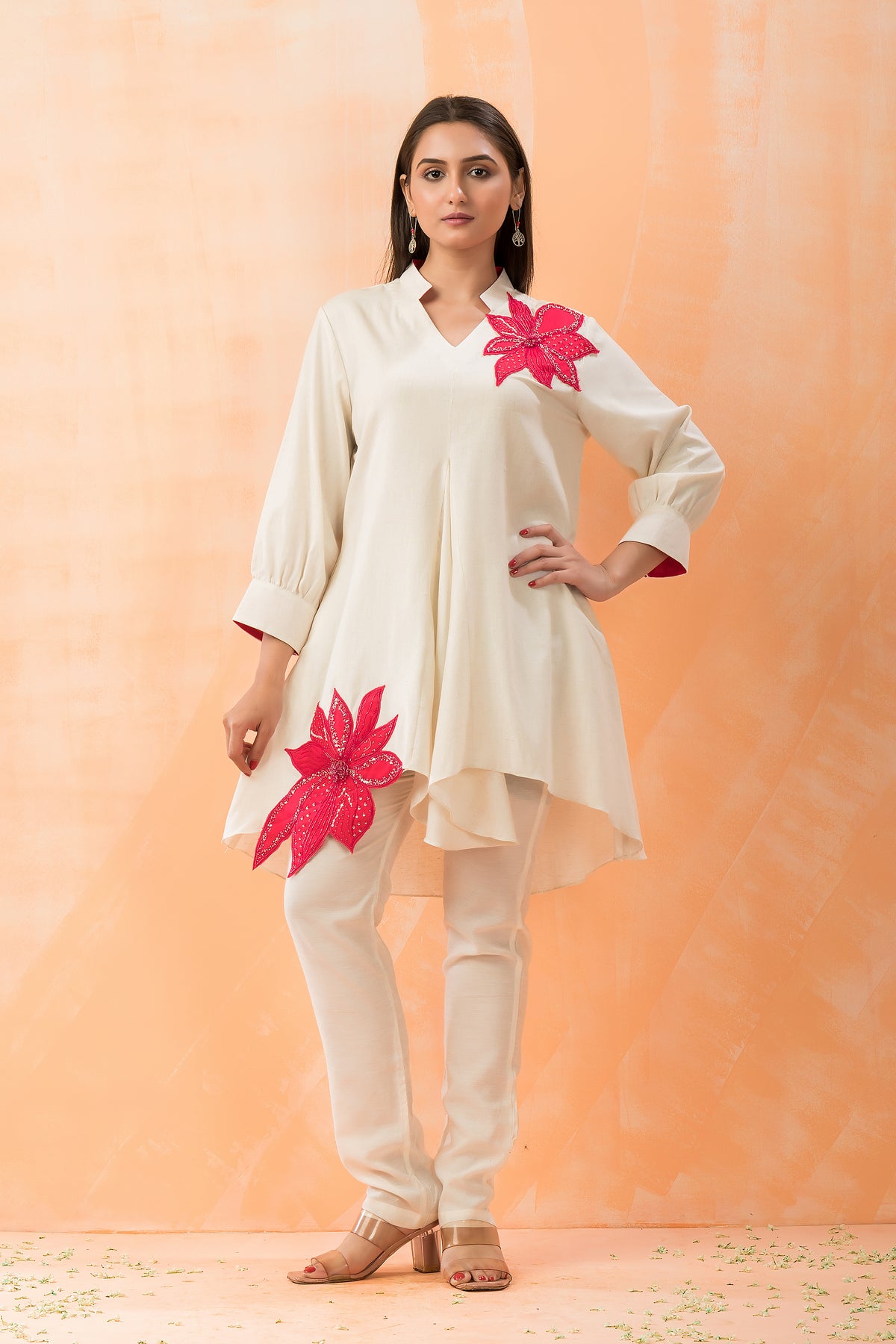 Cotton Kurti-Pant Set with Flower Buta