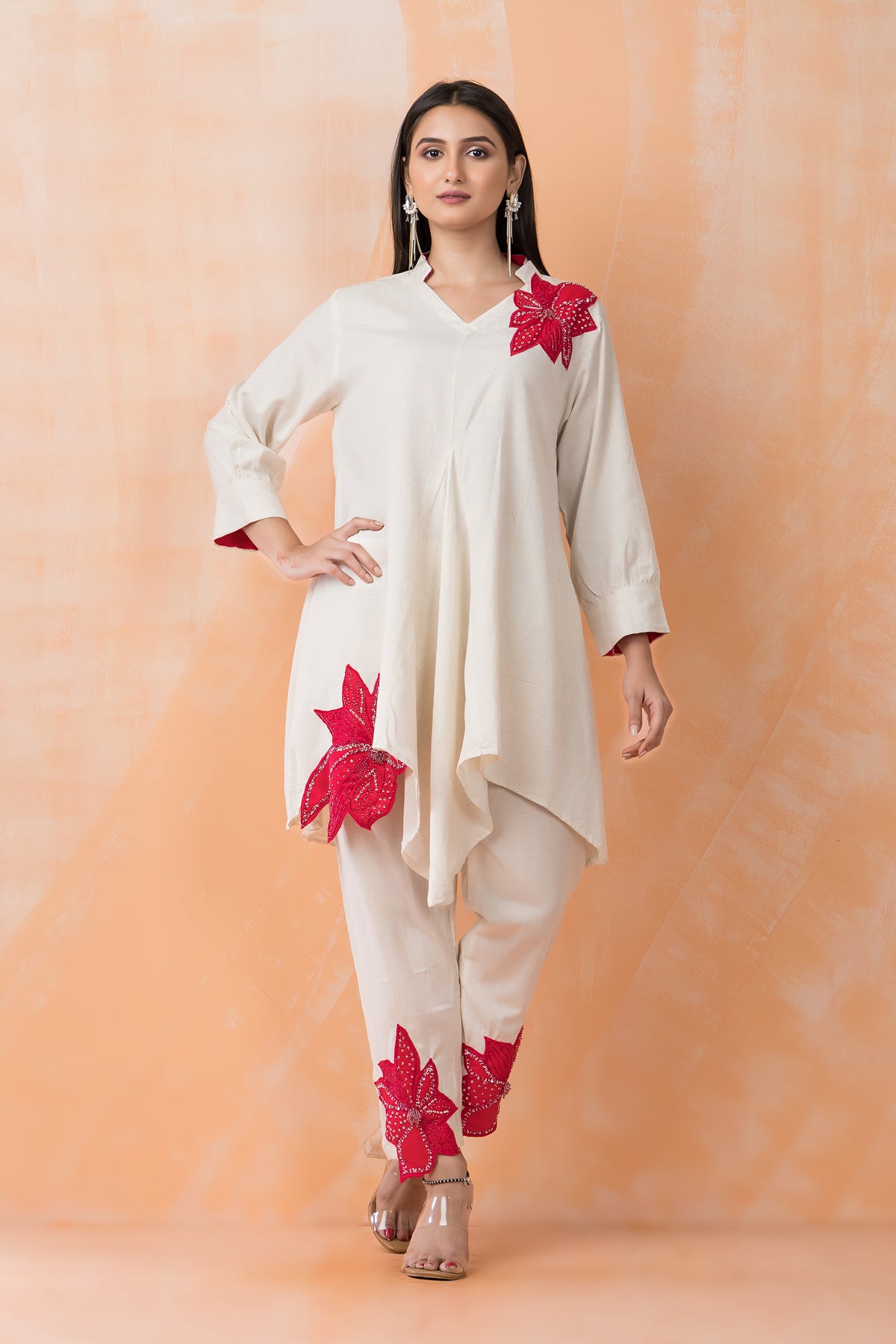 Cotton Kurti-Pant Set with Flower Buta