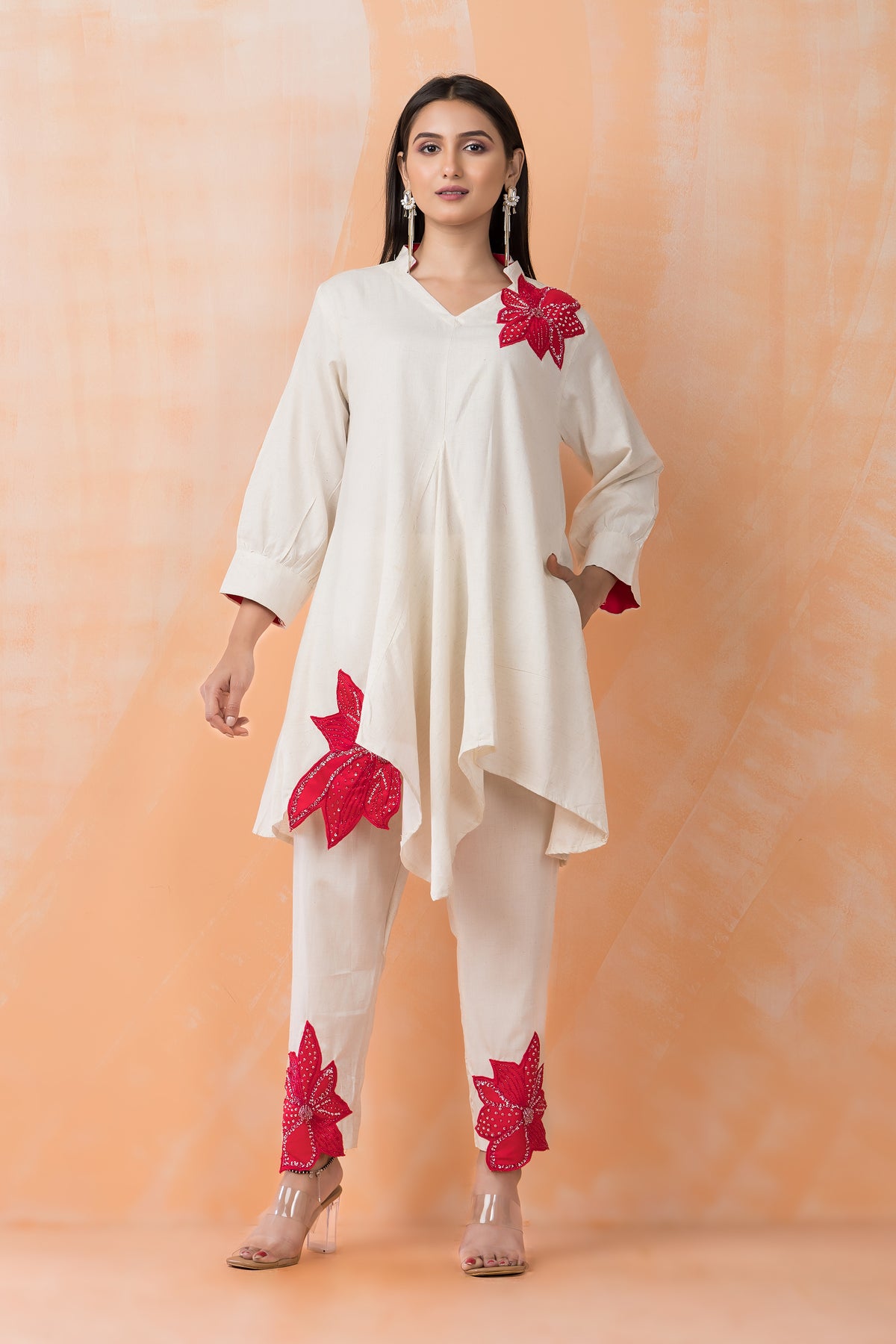 Cotton Kurti-Pant Set with Flower Buta