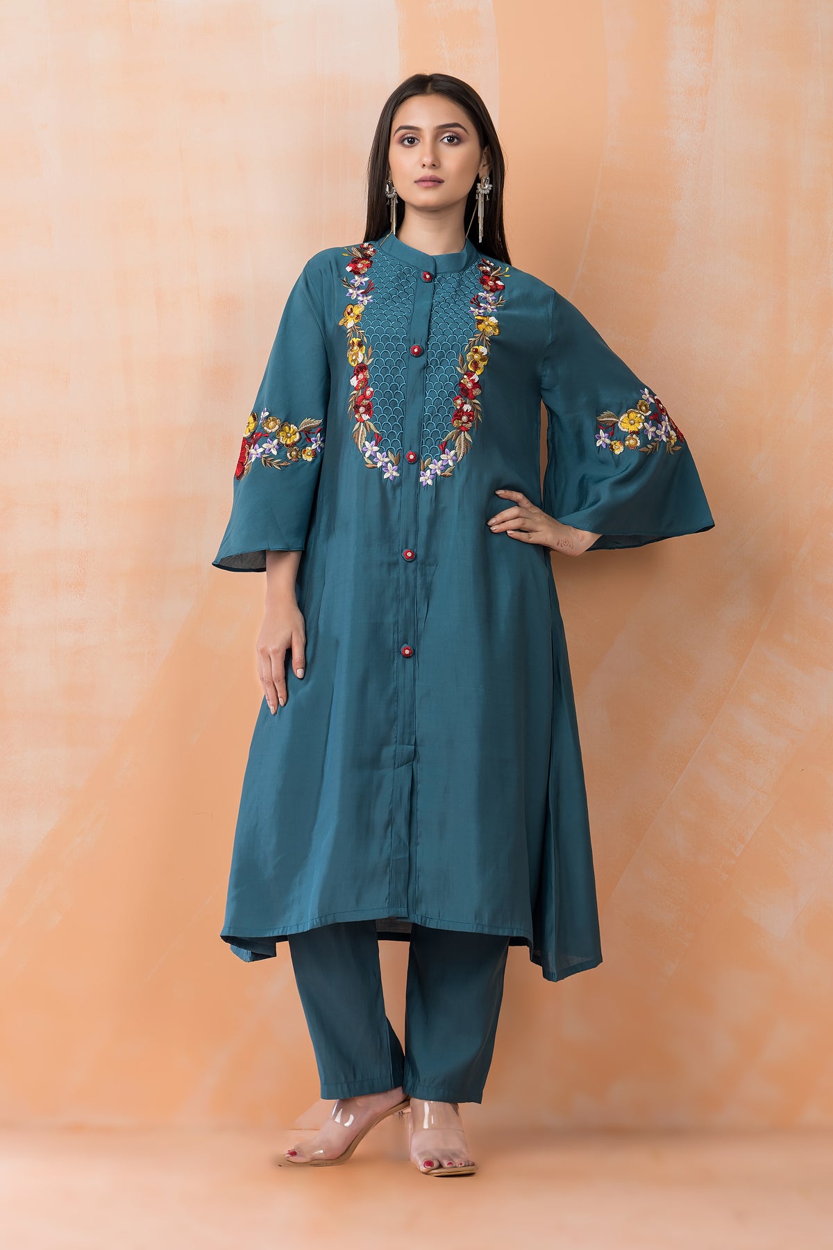 Silk Kurta Set with Heavy Yoke Embroidery