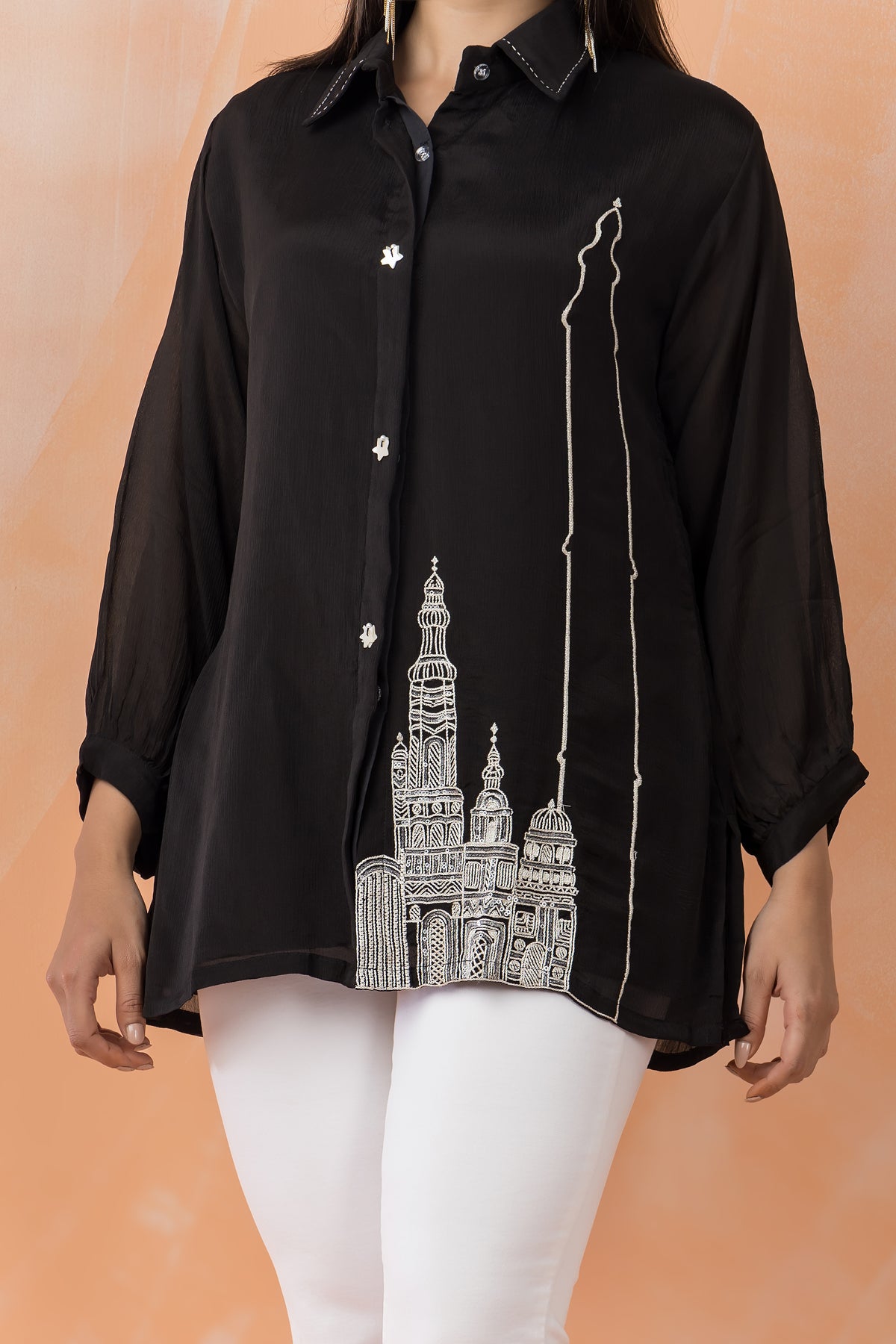 Embroidered Chinon Shirt Top