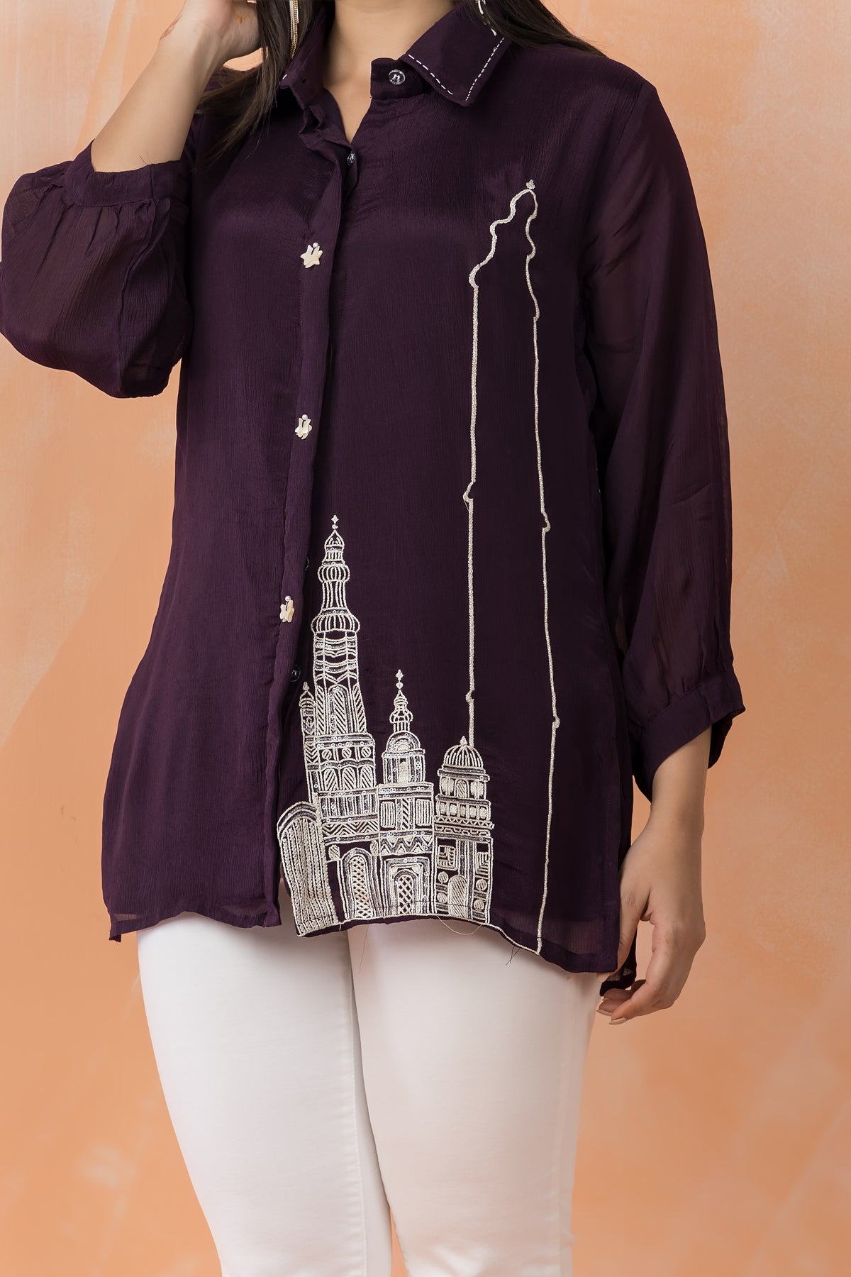 Embroidered Chinon Shirt Top