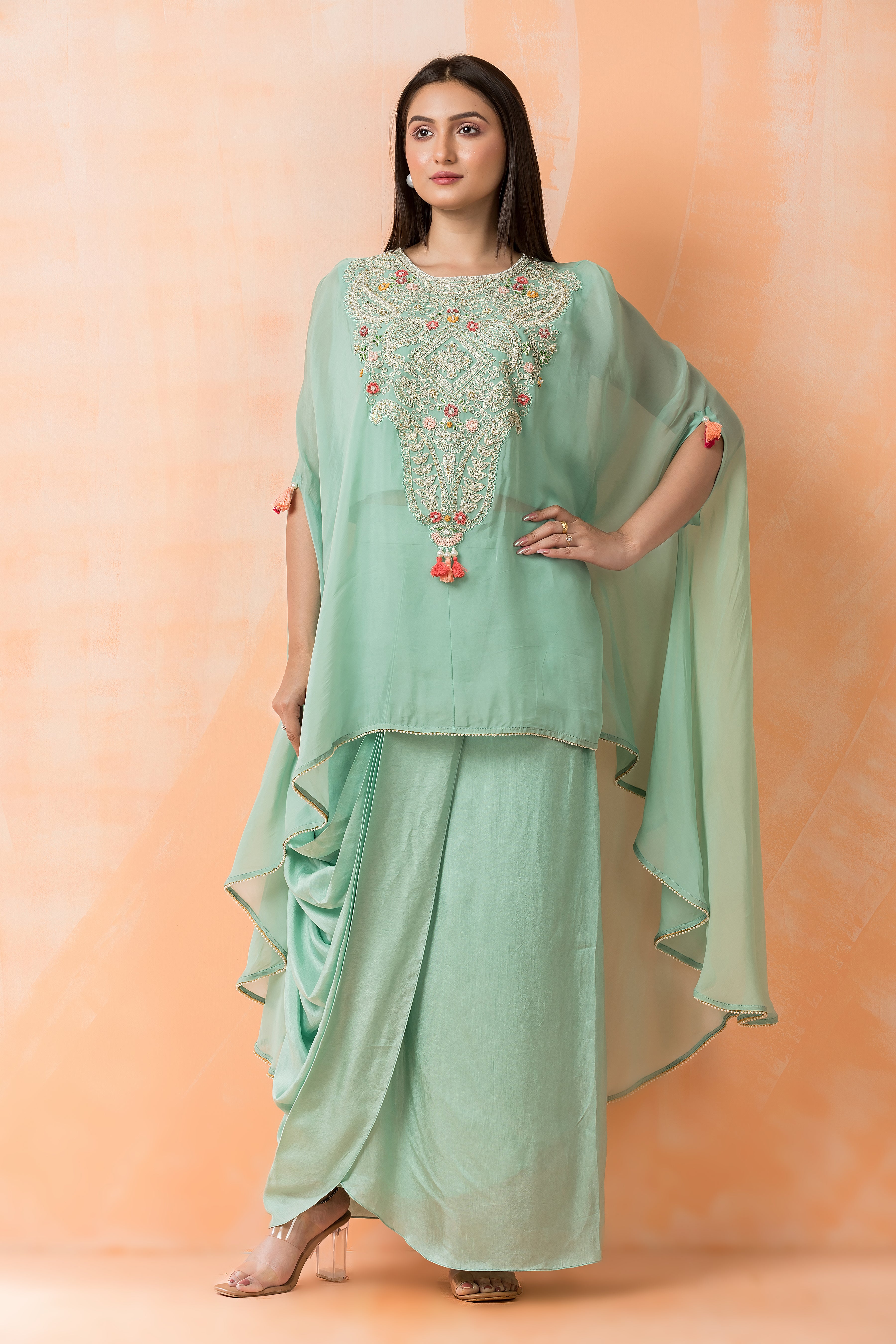 organza indo western dress XS Ombre Silk Long Dress With Organza Cape