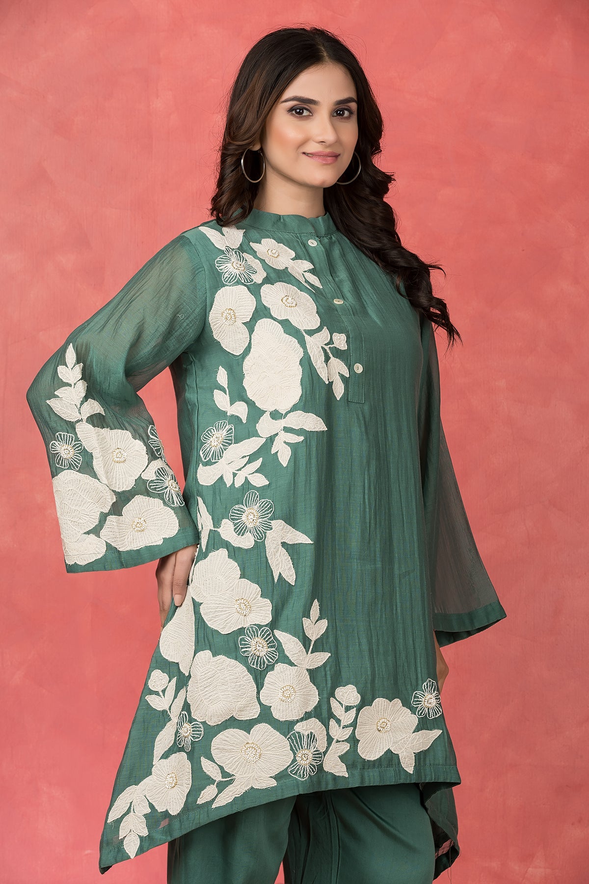 Mul Chanderi Applique Embroidered Co-ord set