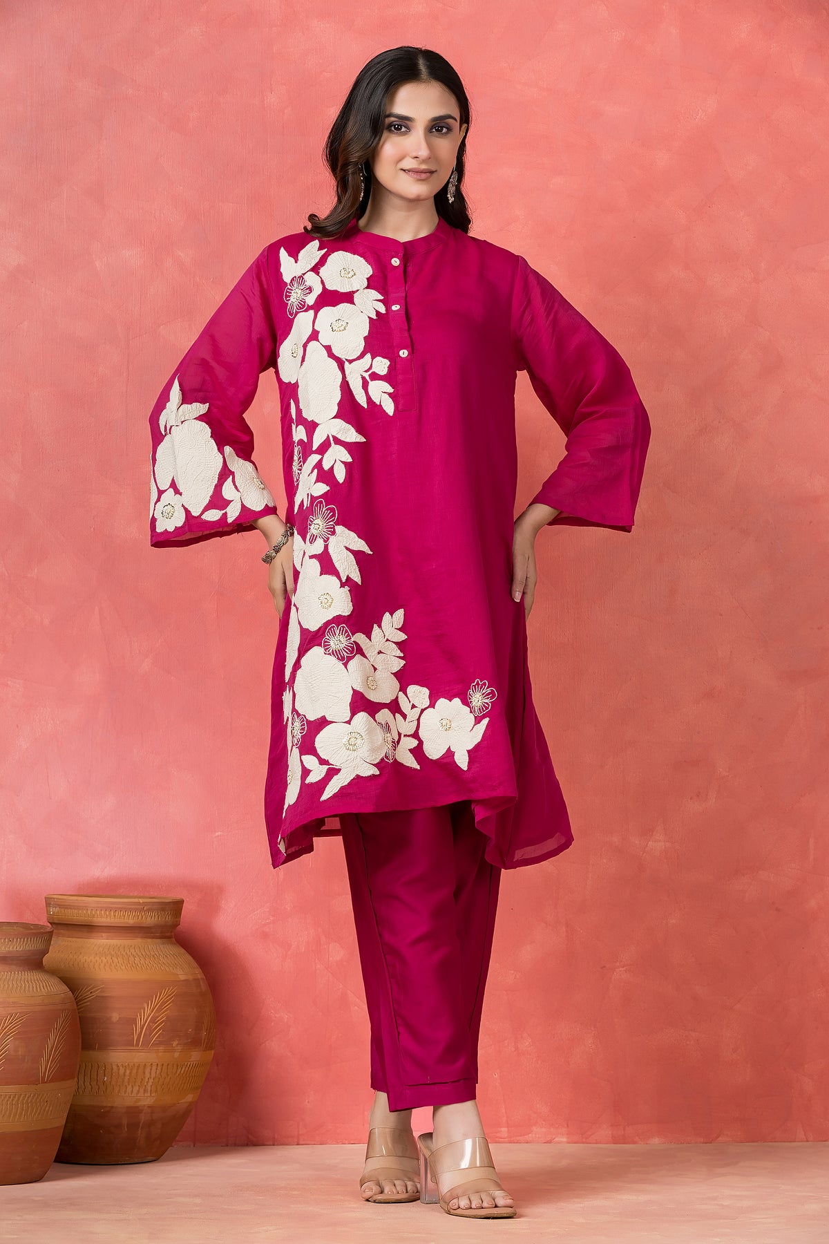 Mul Chanderi Applique Embroidered Co-ord set