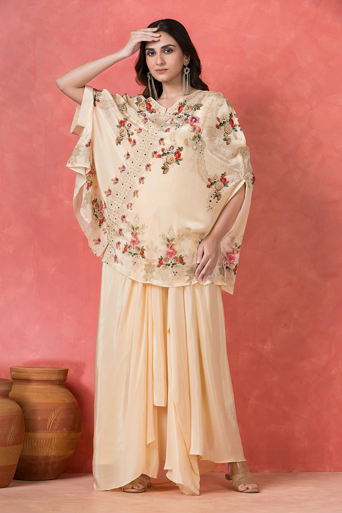 Embroidered Cape Drape Gown