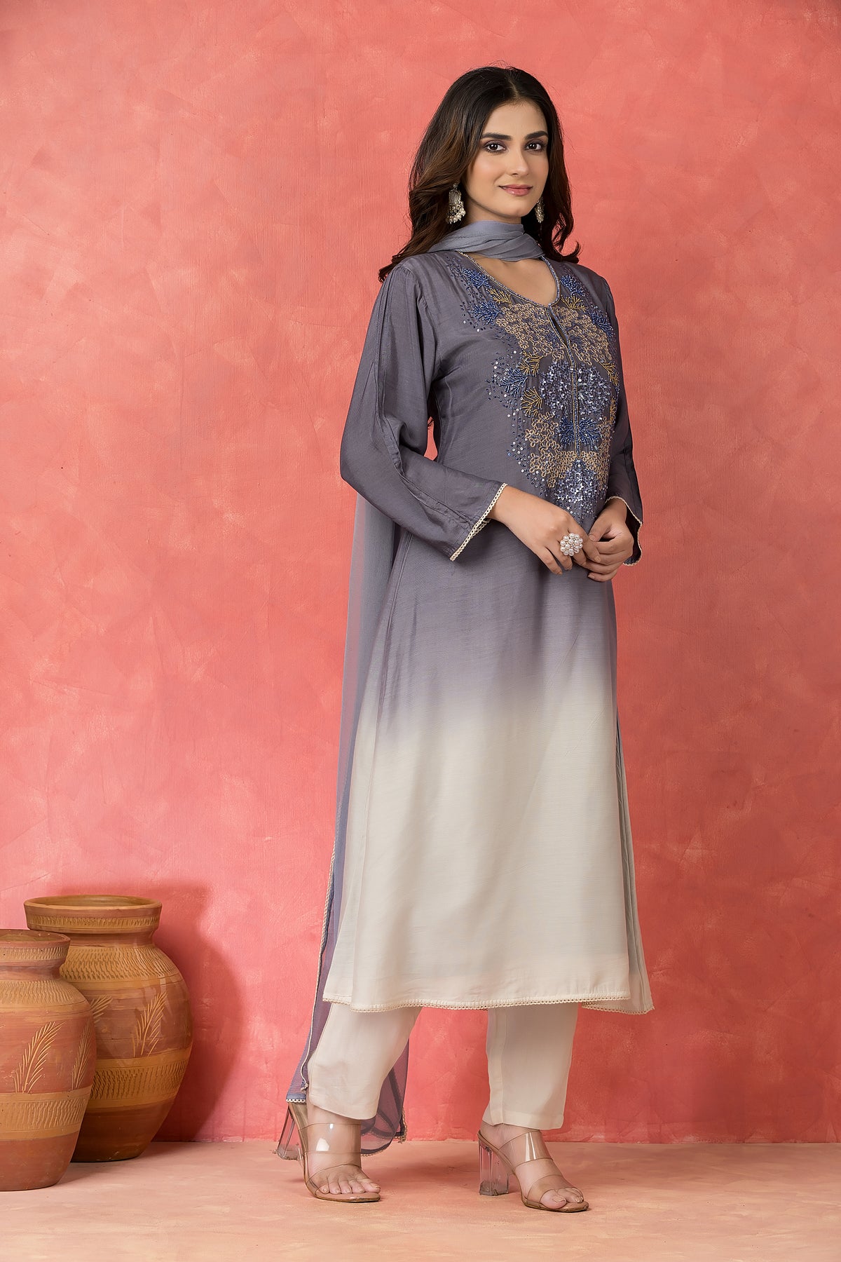 Shade Dyed Muslin Kurta set with Handwork