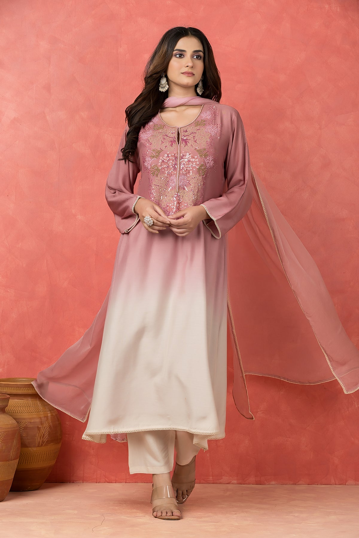 Shade Dyed Muslin Kurta set with Handwork