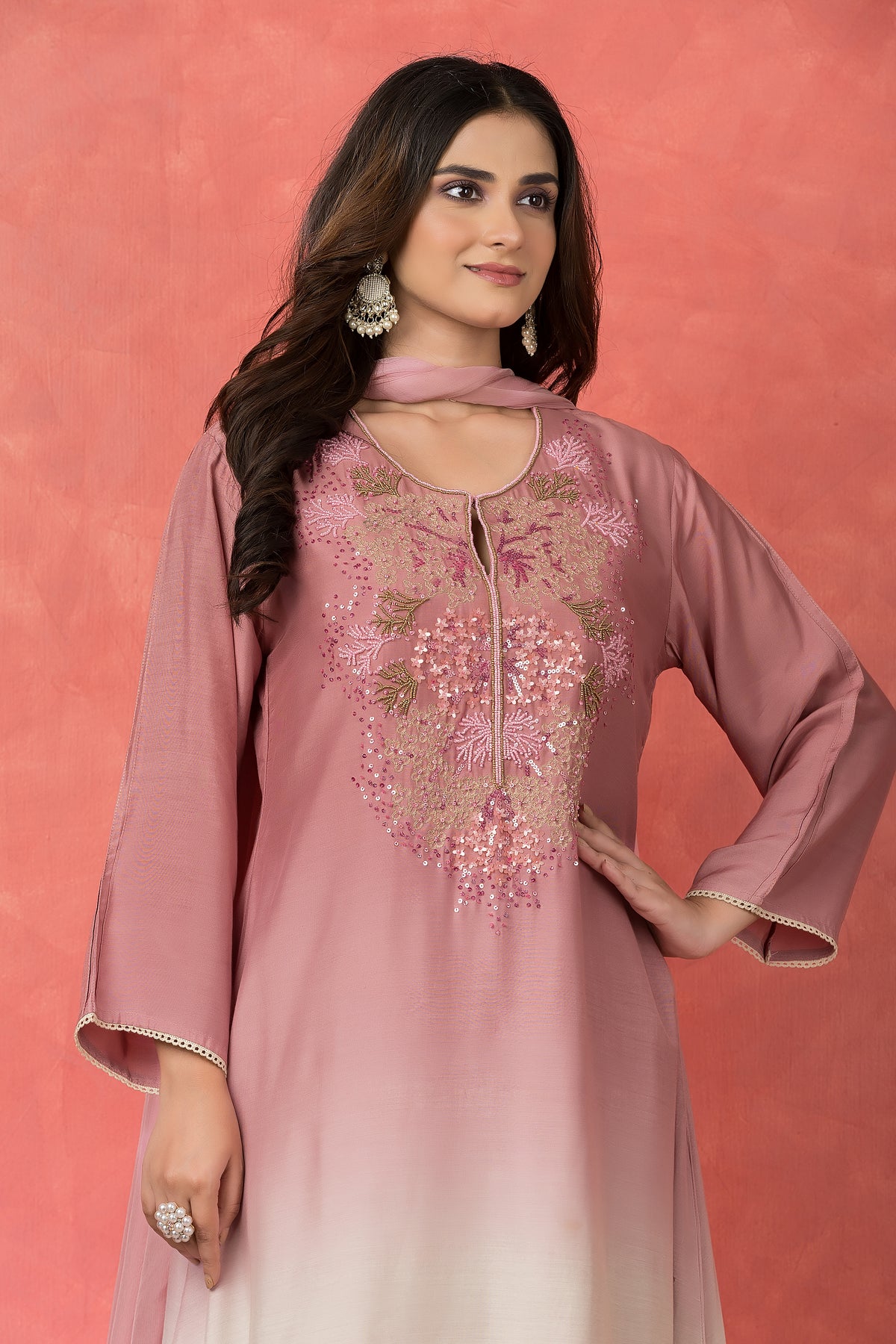 Shade Dyed Muslin Kurta set with Handwork