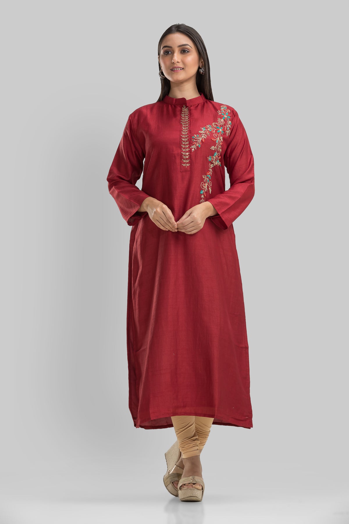 Embroidered Silk Kurti for Women - Maroon