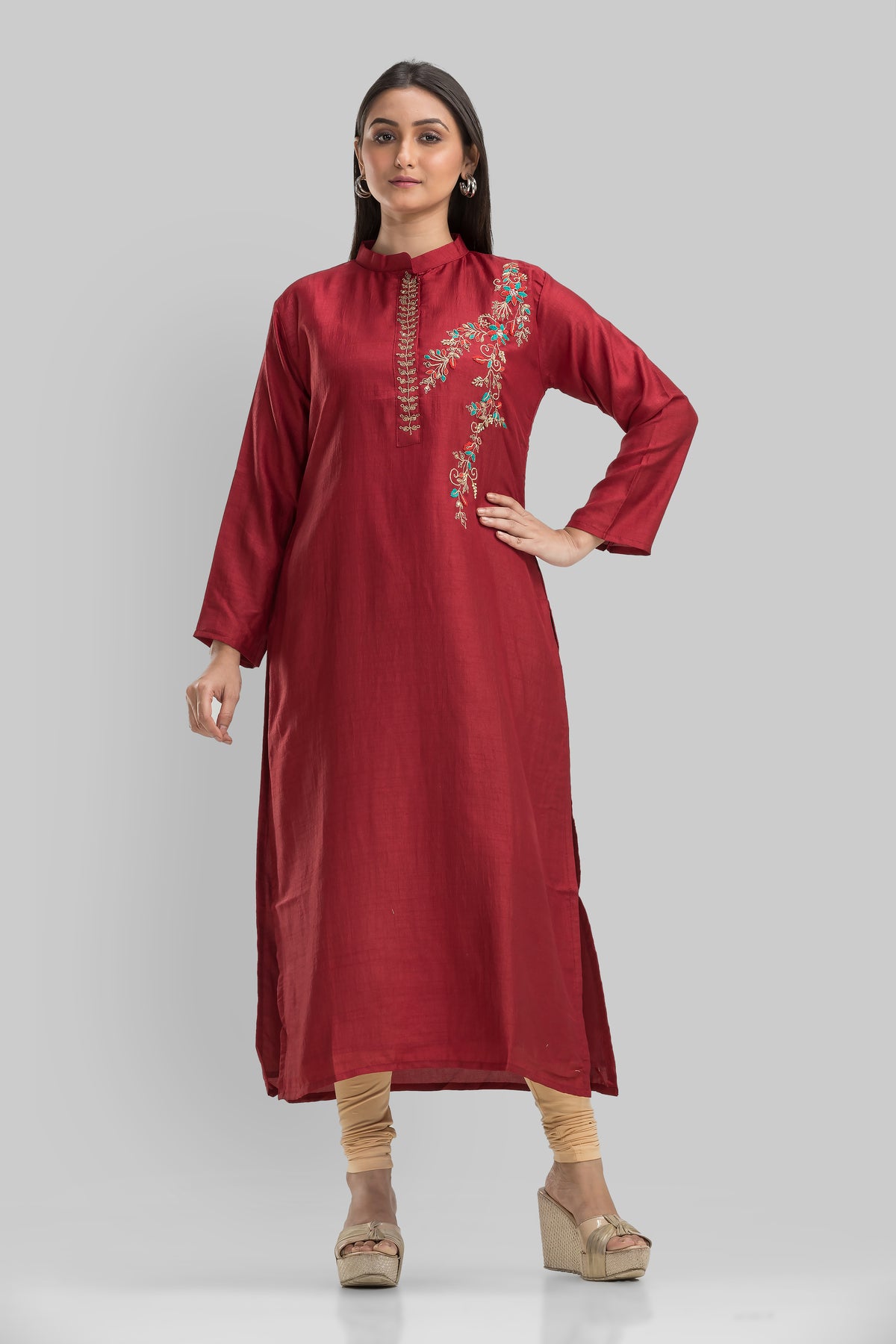 Embroidered Silk Kurti for Women - Maroon