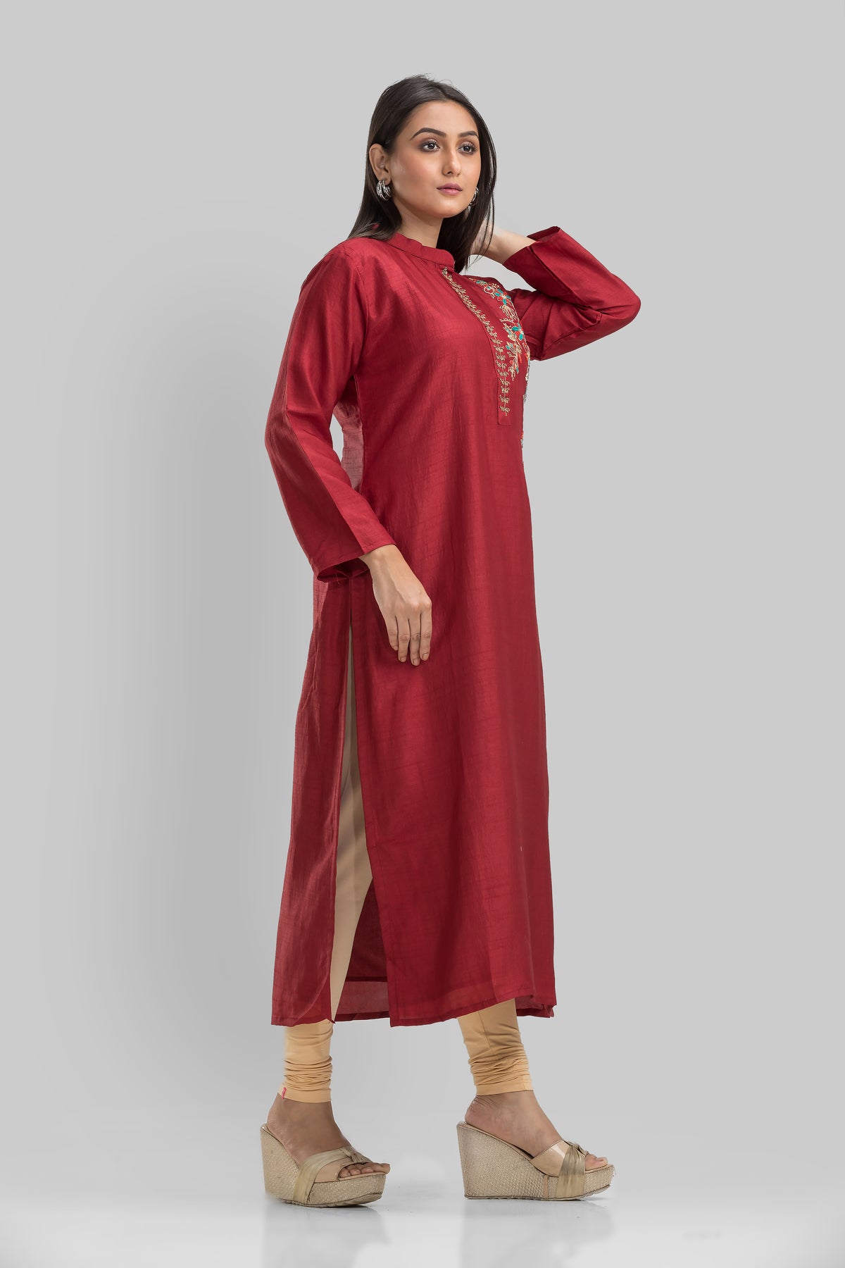 Embroidered Silk Kurti for Women - Maroon