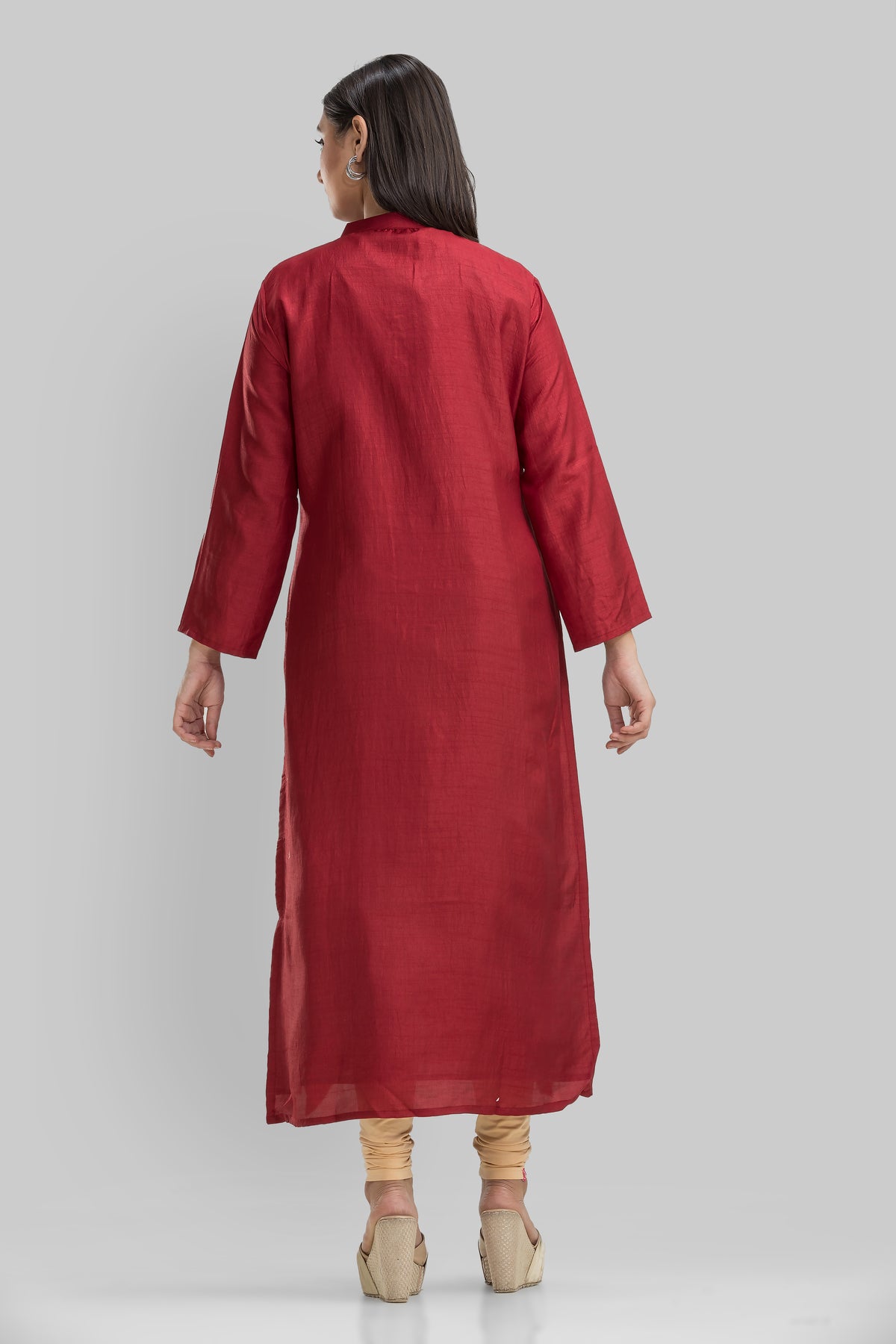 Embroidered Silk Kurti for Women - Maroon