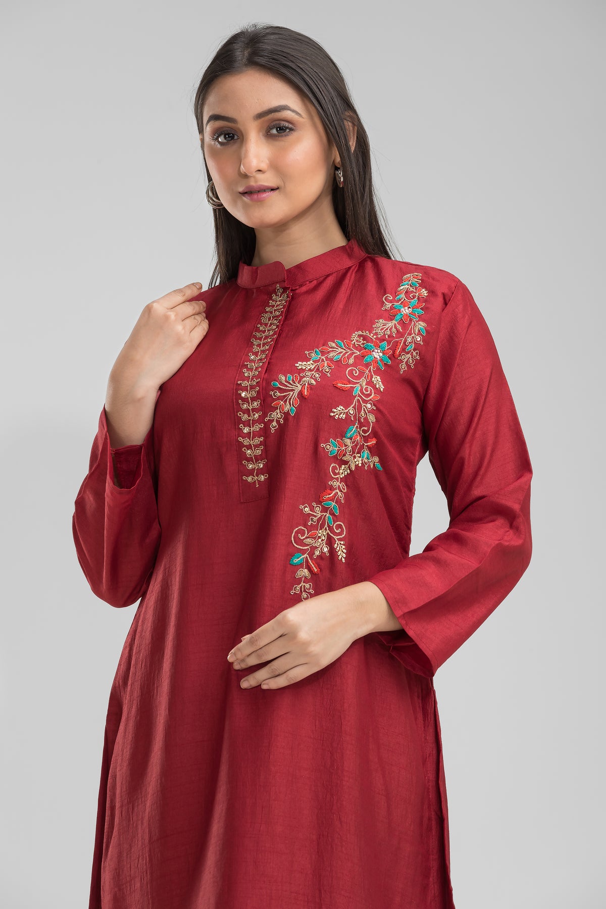 Embroidered Silk Kurti for Women - Maroon