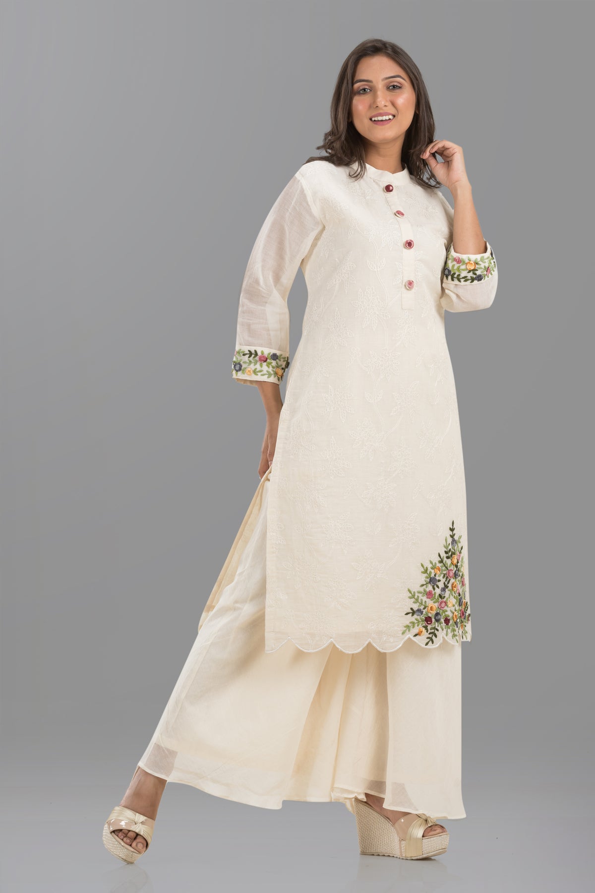 White Embroidered Mulmul kurta set