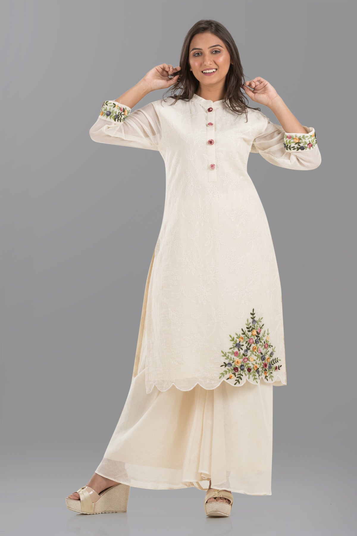 White Embroidered Mulmul kurta set