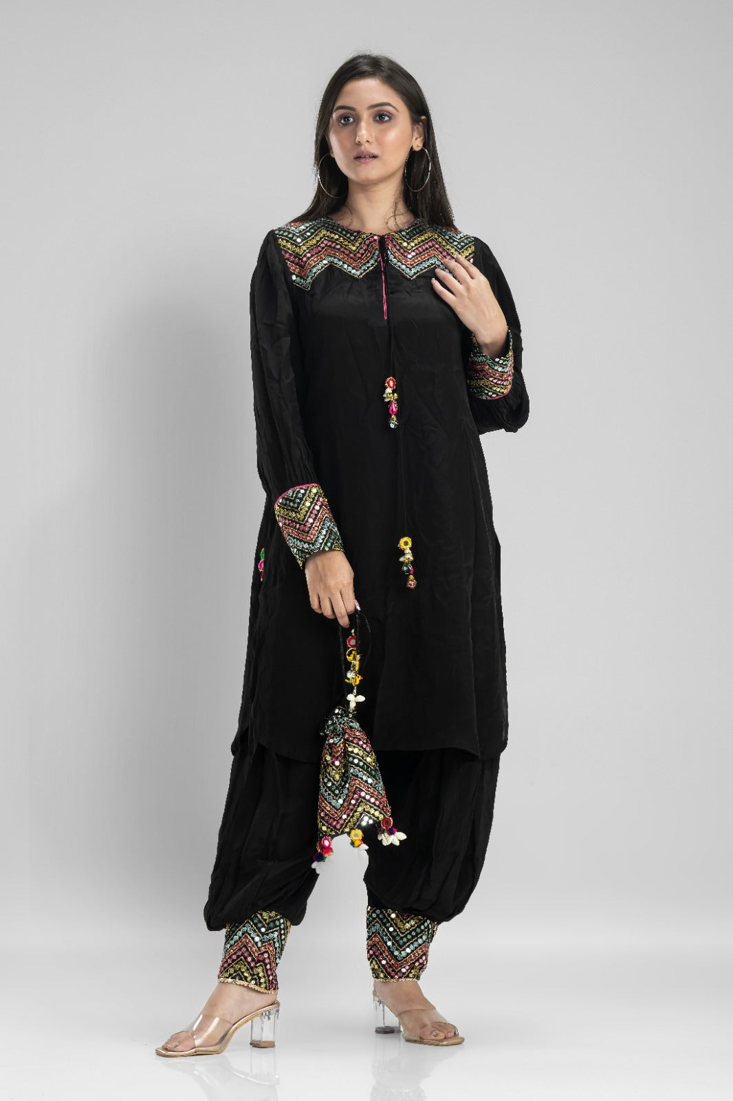 Embroidered Kurta-Pant Set with Bag