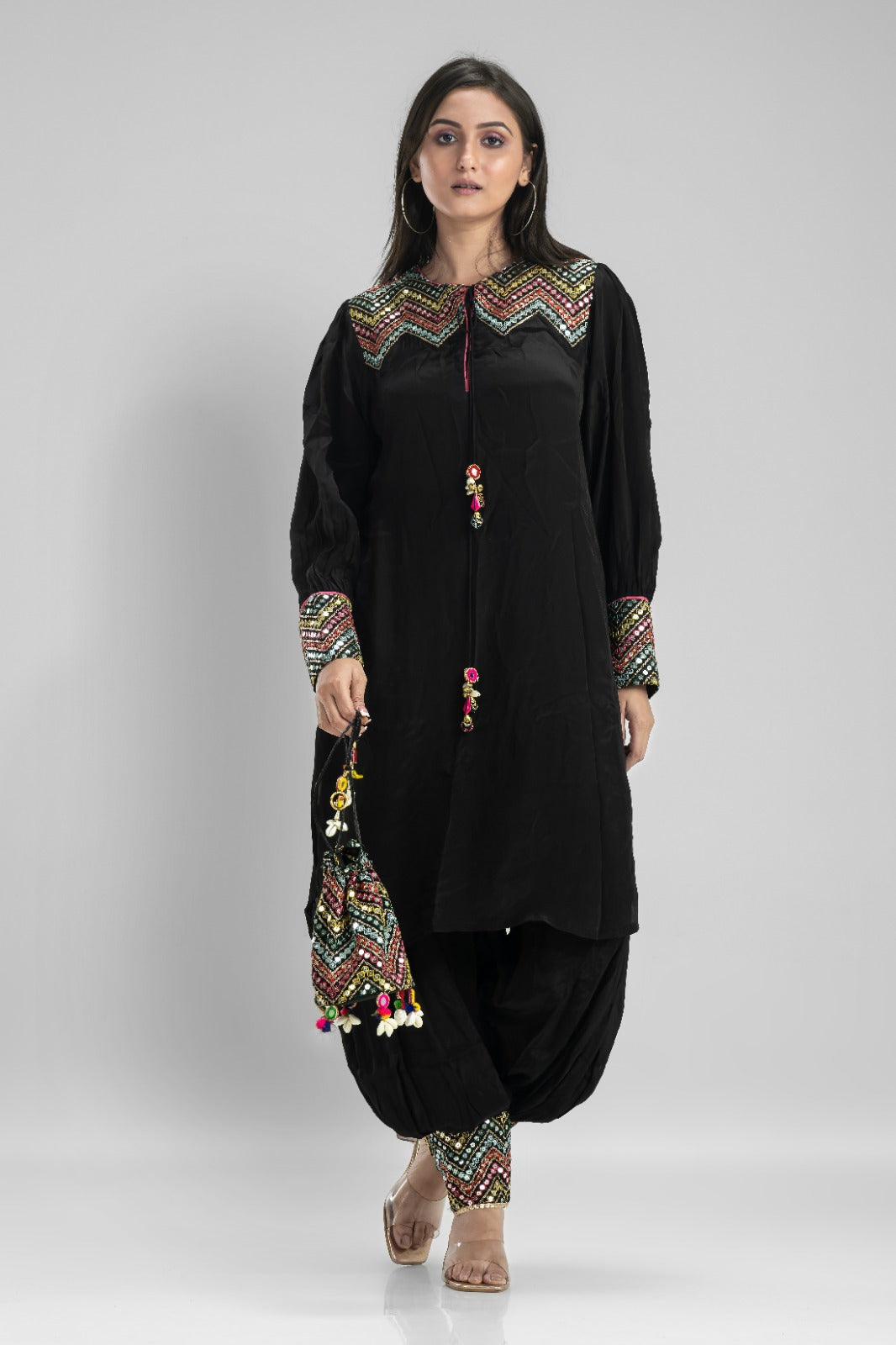 Embroidered Kurta-Pant Set with Bag