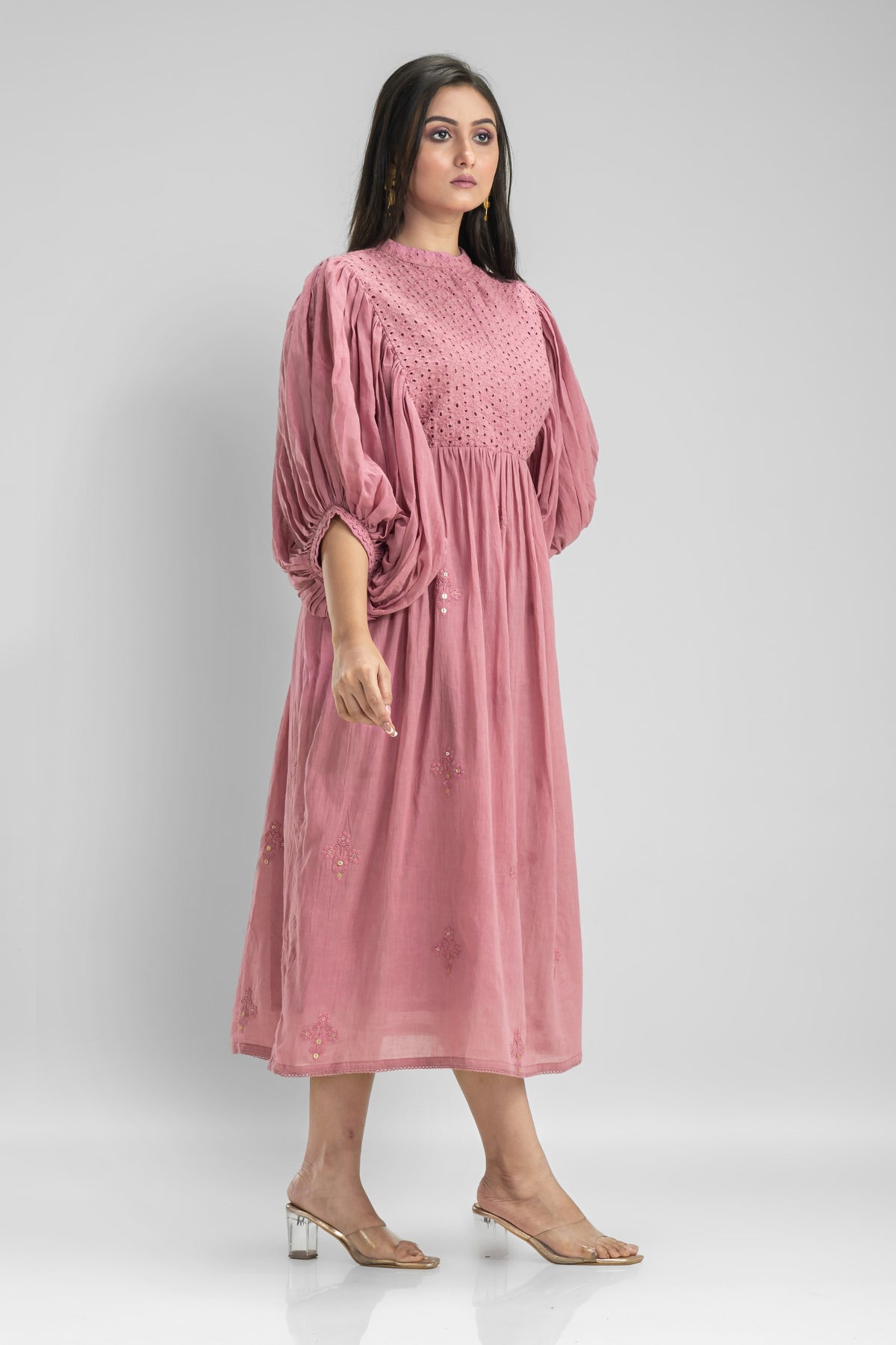 Cotton Gather Frock With Balloon Sleeves