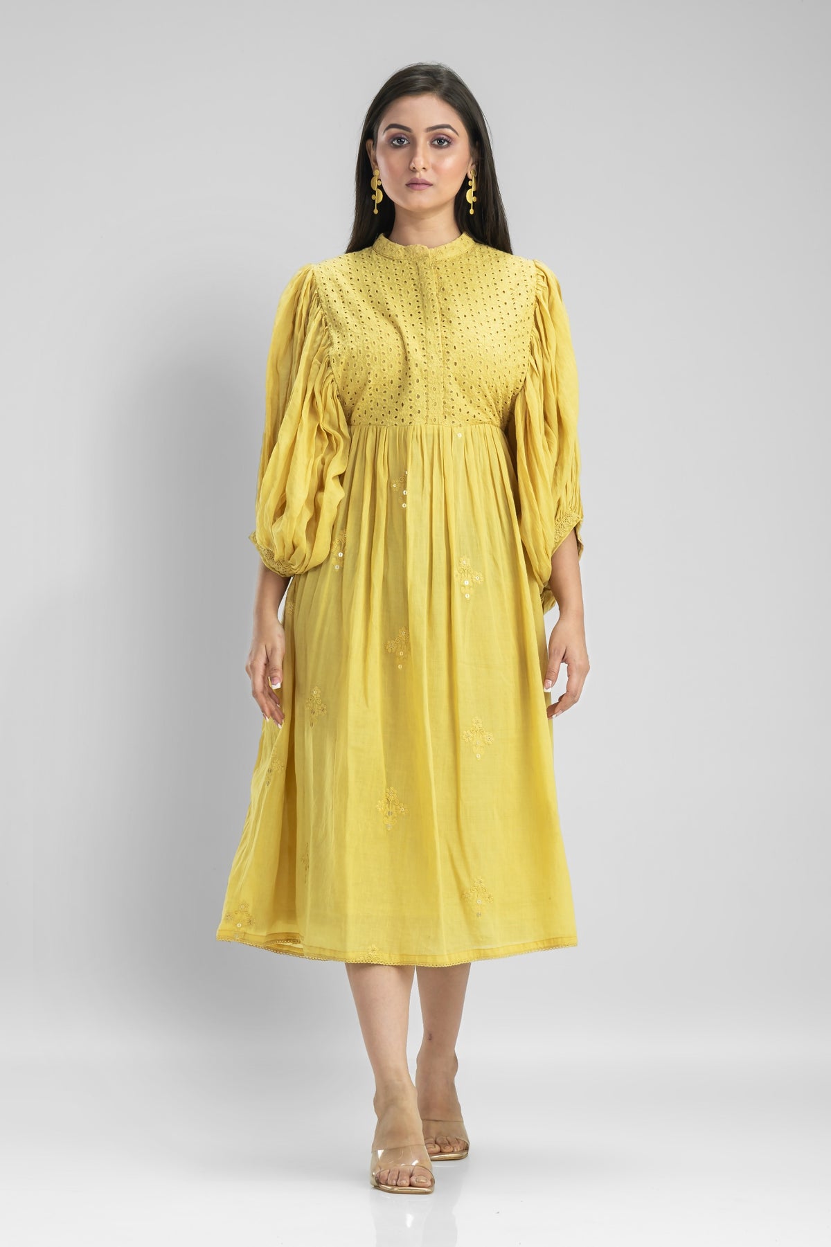 Cotton Gather Frock With Balloon Sleeves