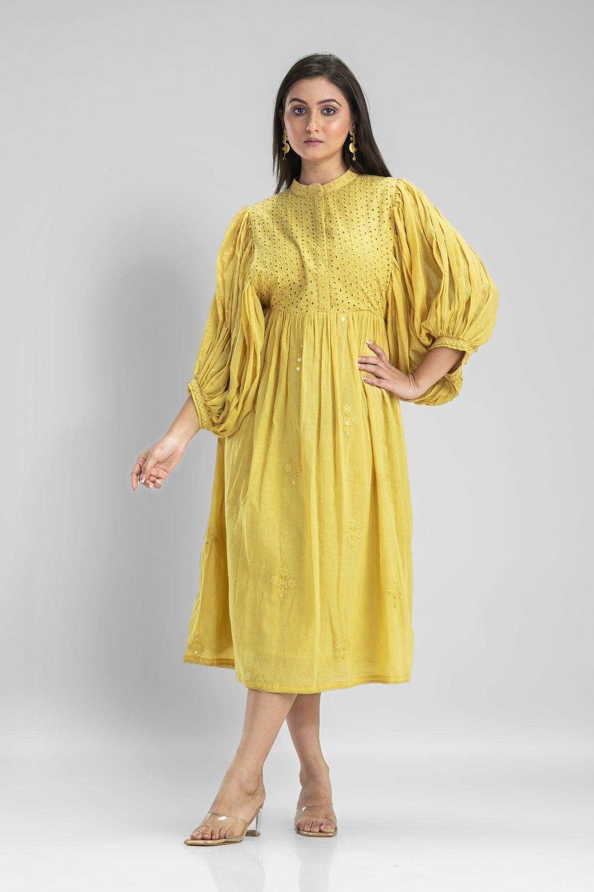 Cotton Gather Frock With Balloon Sleeves