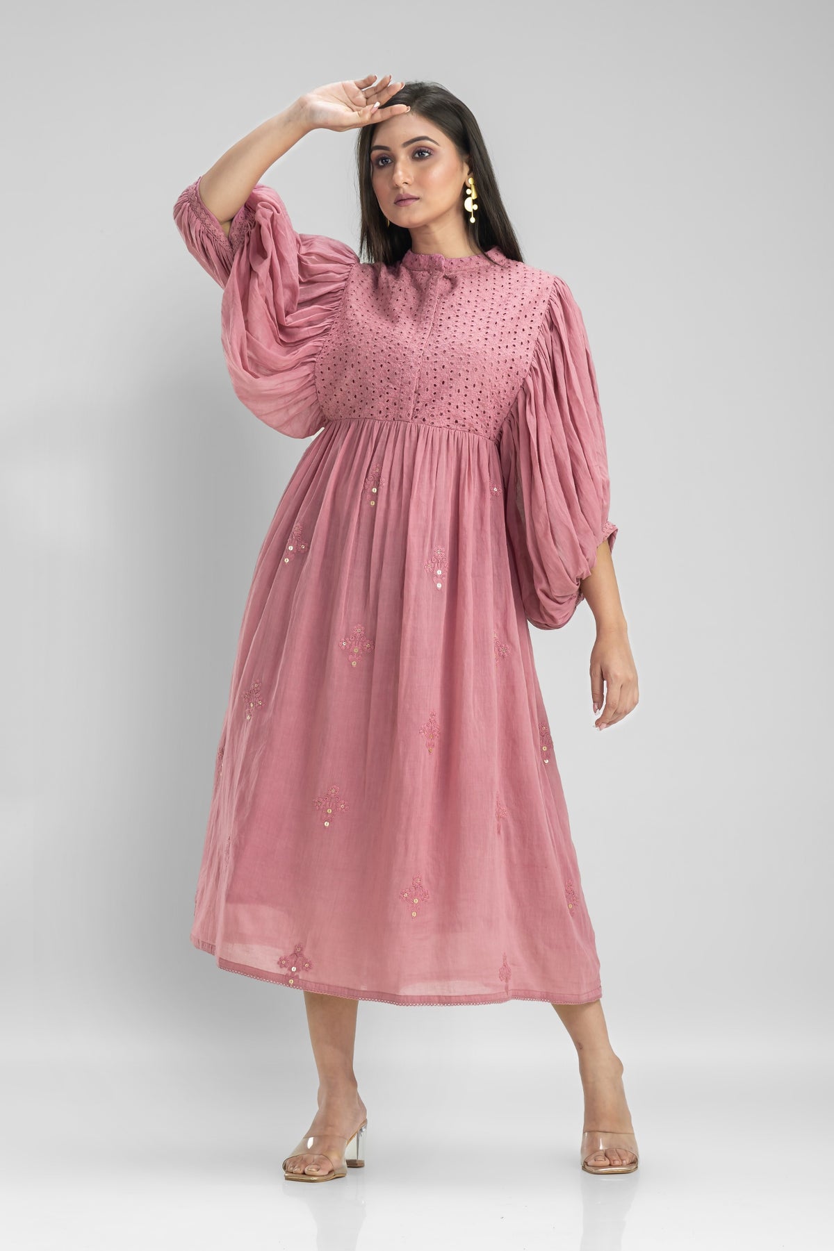 Cotton Gather Frock With Balloon Sleeves