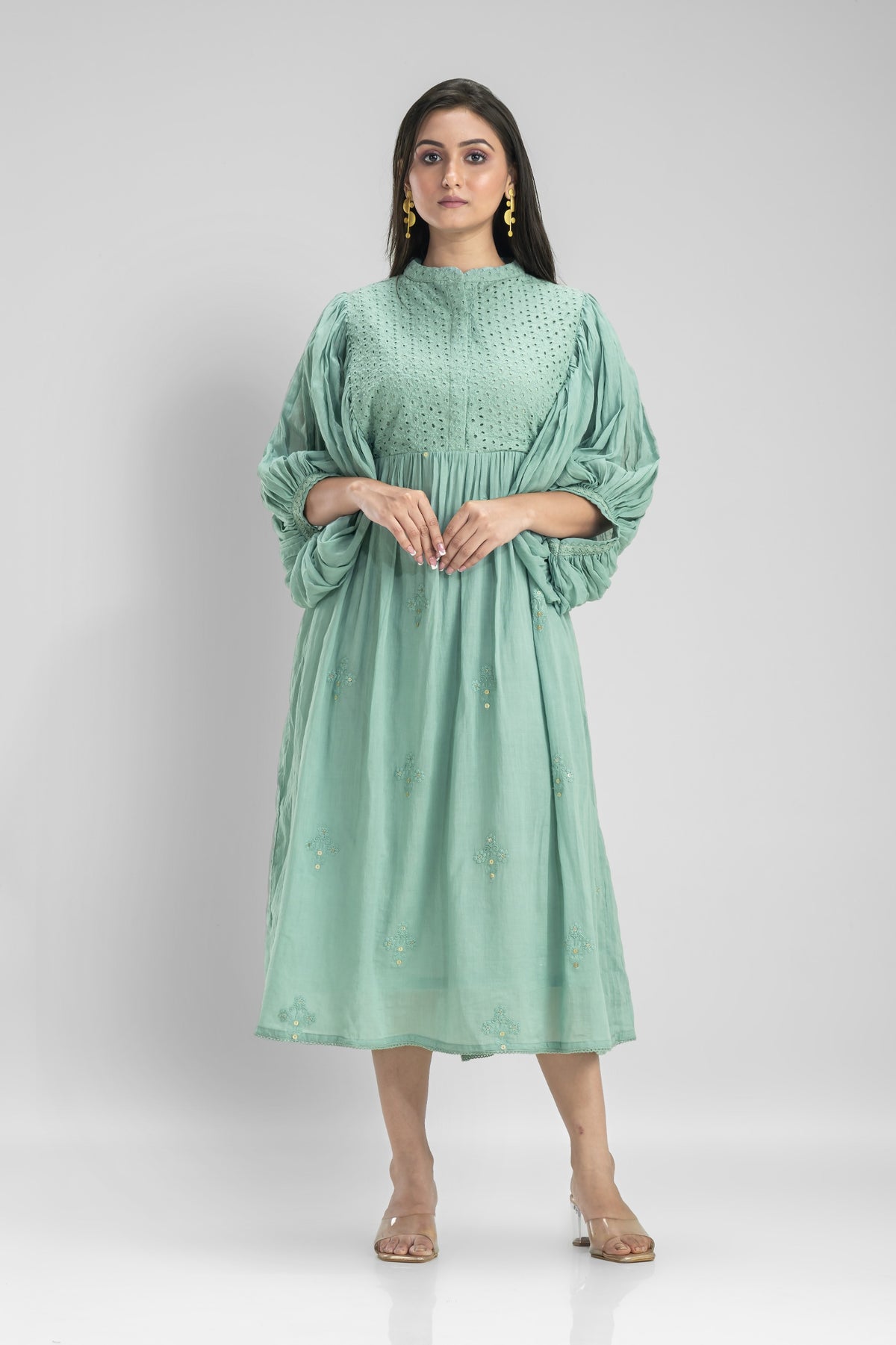 Cotton Gather Frock With Balloon Sleeves