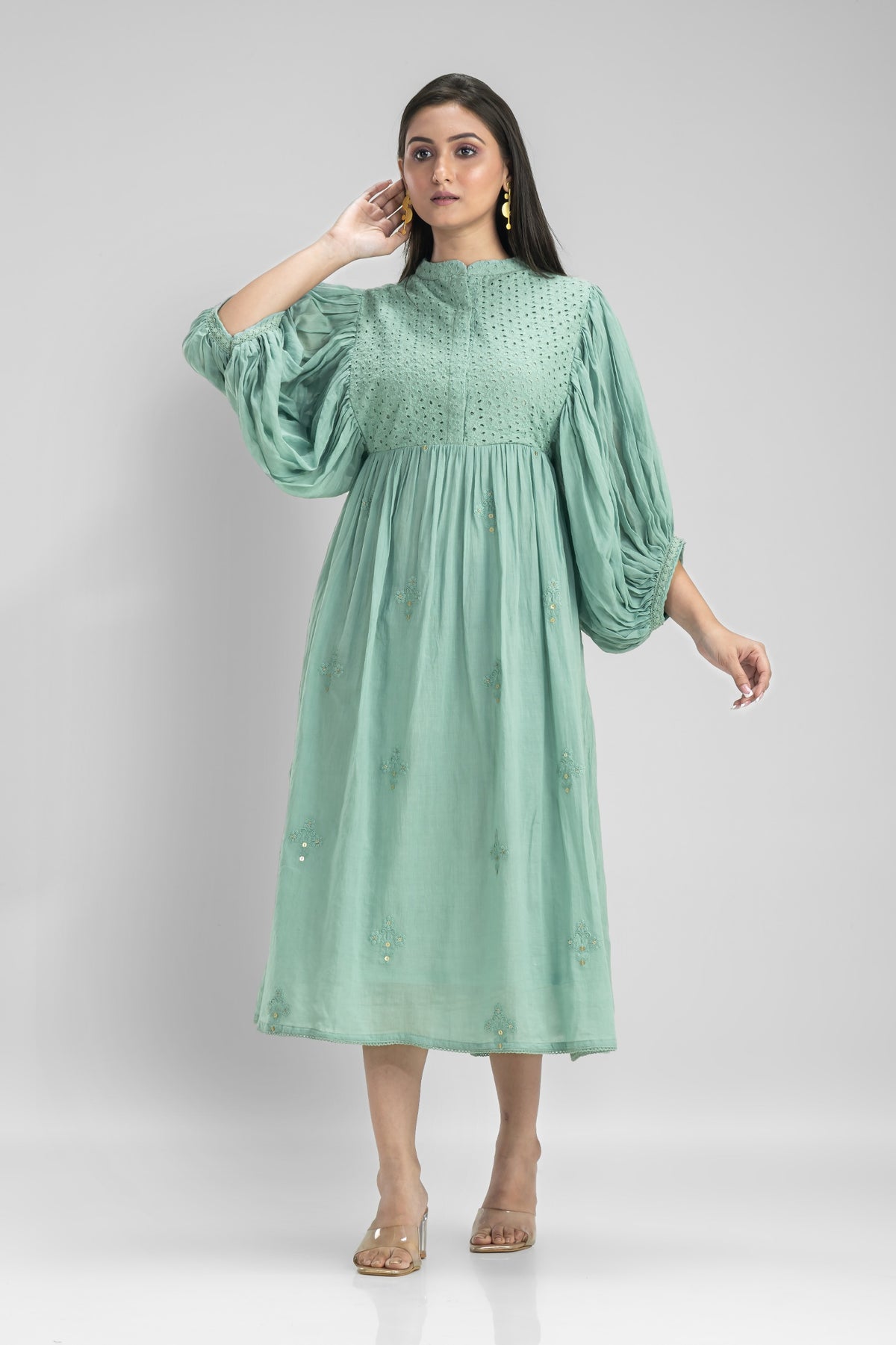 Cotton Gather Frock With Balloon Sleeves