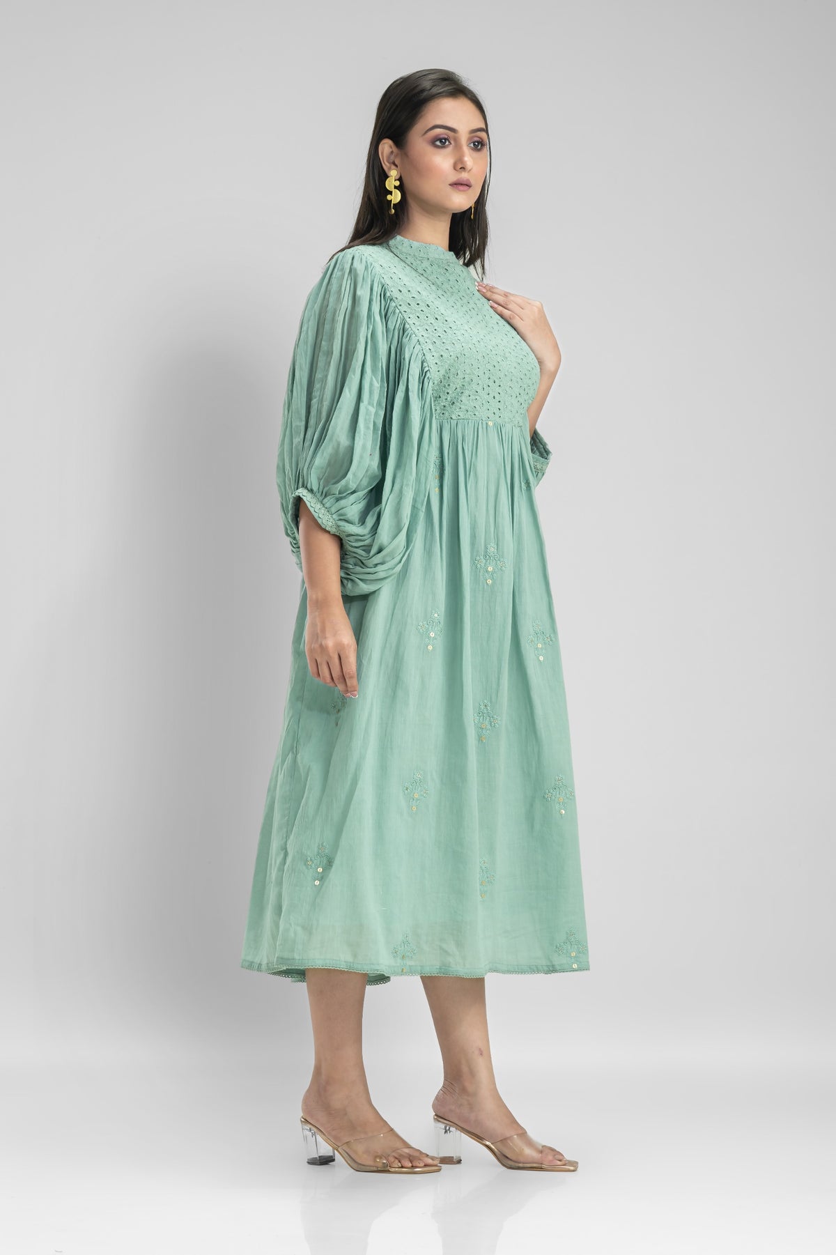 Cotton Gather Frock With Balloon Sleeves