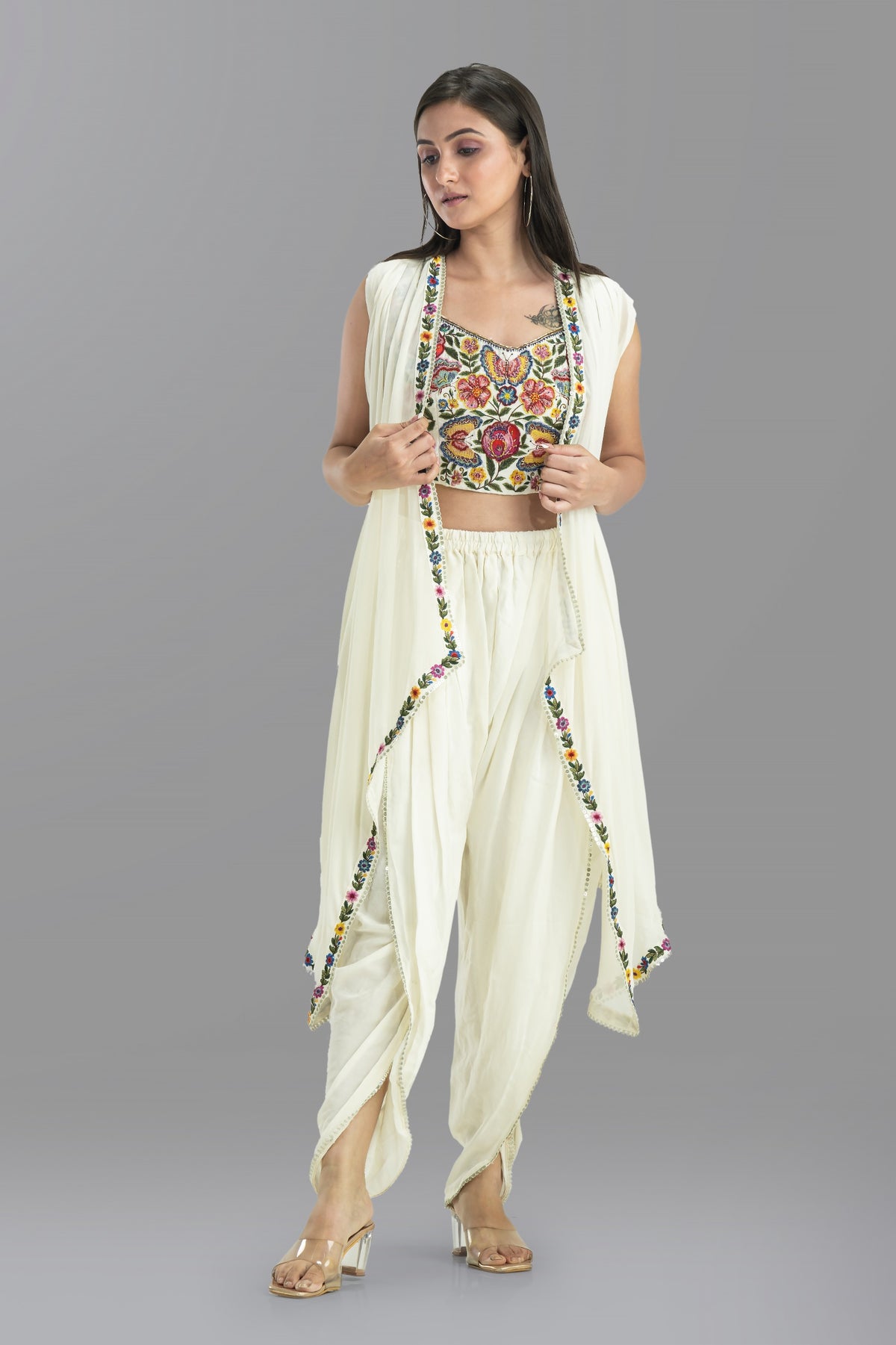 Embroidered Crop Top, Dhoti & Jacket Set