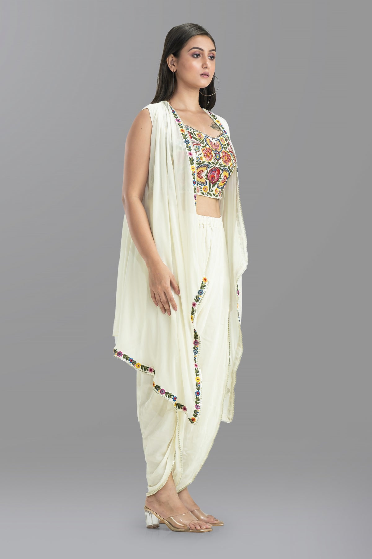 Embroidered Crop Top, Dhoti & Jacket Set